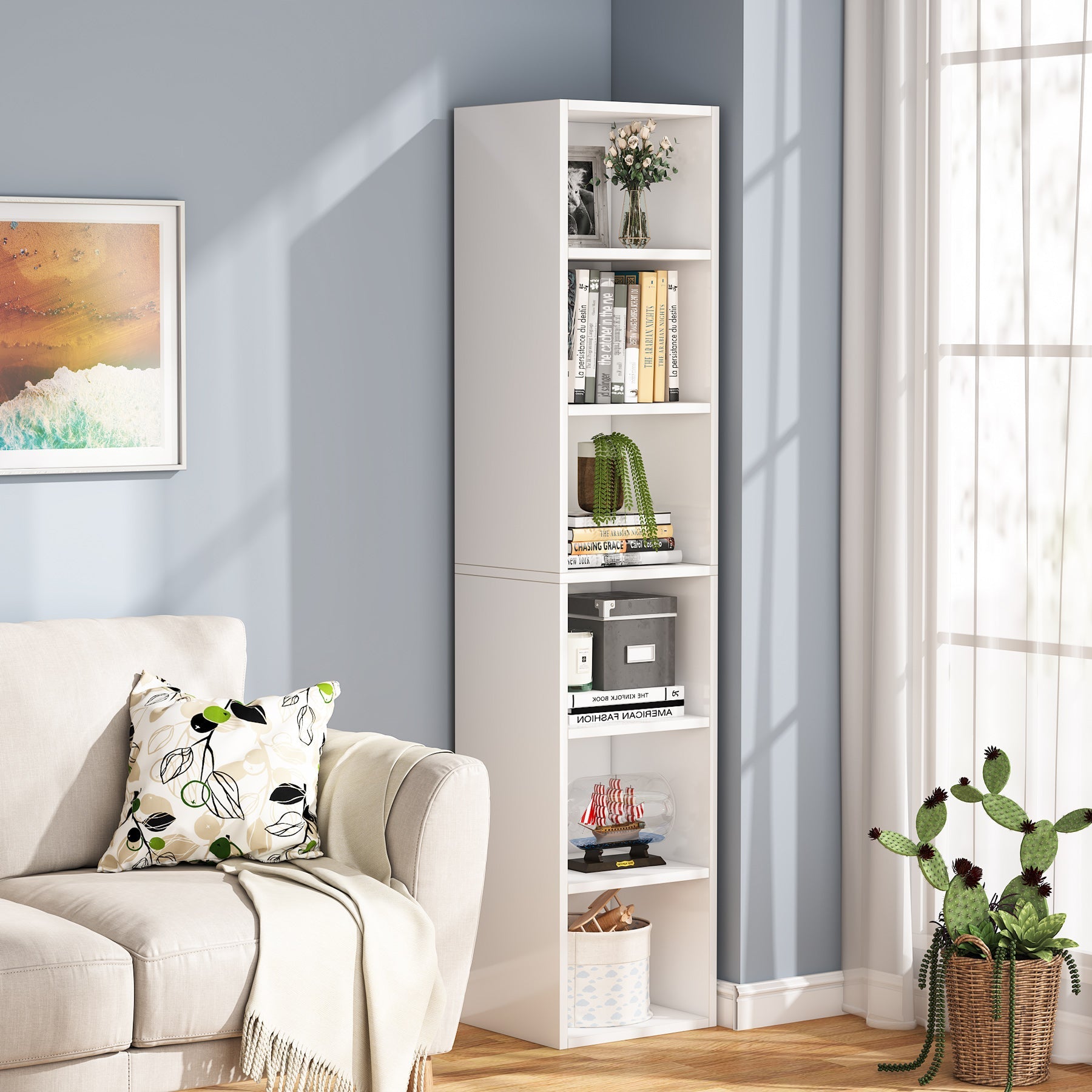 180 cm Corner Bookcase, Modern 6-Tier Narrow Cube Display Shelves