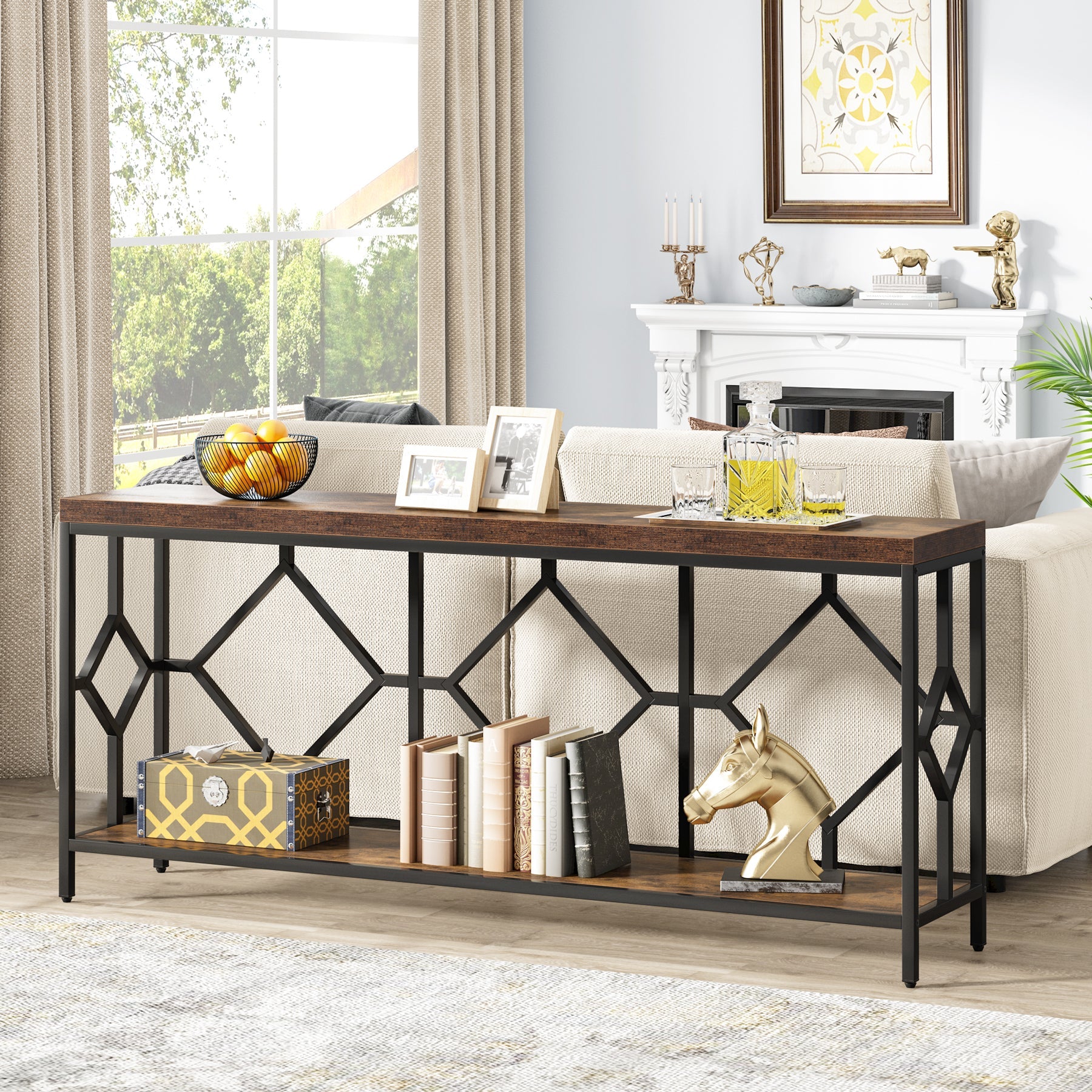 2-Tier Console Table, 180 cm Extra Long Sofa Table with Open Storage Shelf