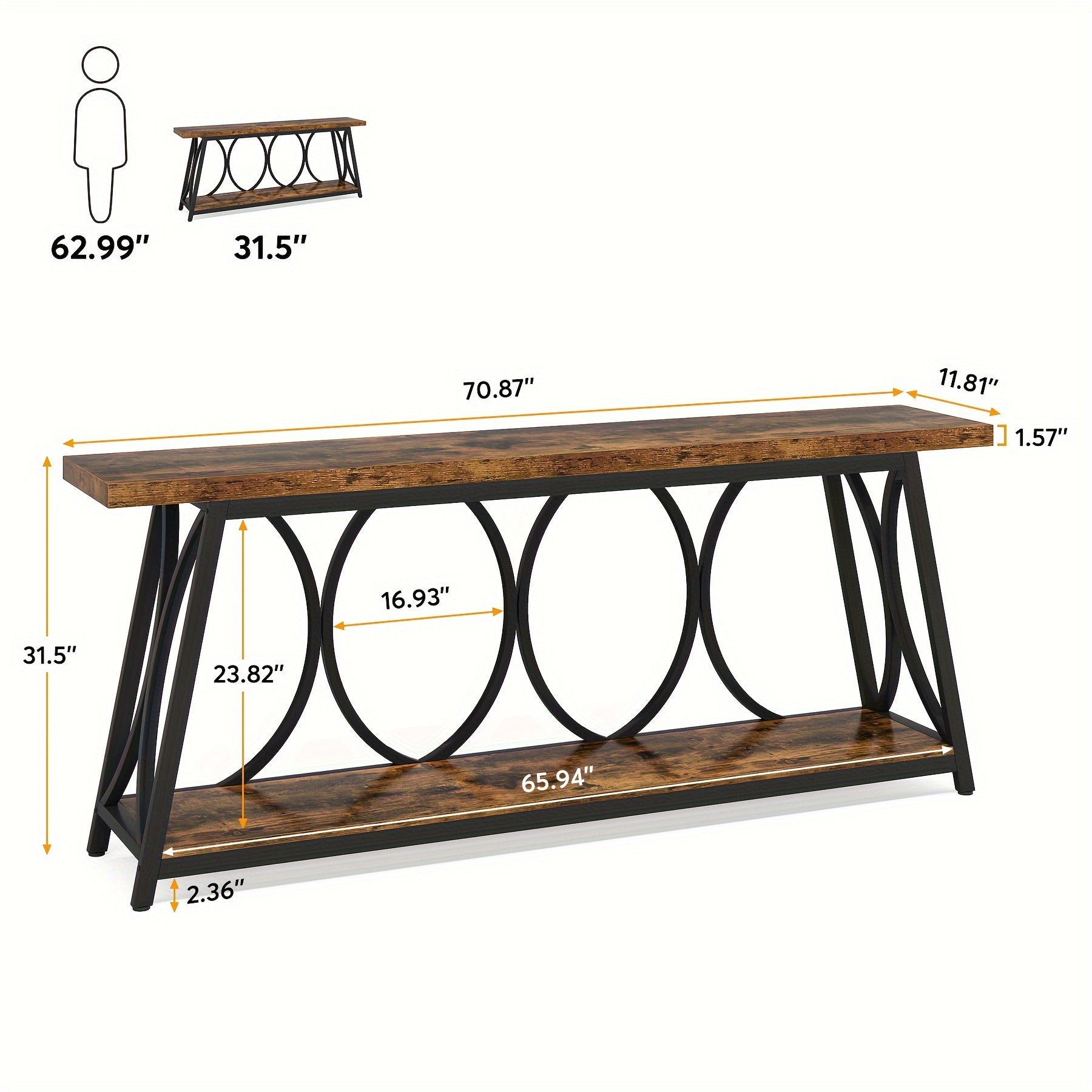 180 cm Extra Long Console Table: Industrial Sofa Table with 2-Tier Storage Shelf for Behind Couch, Narrow Entryway Hallway Accent Table for Living Room