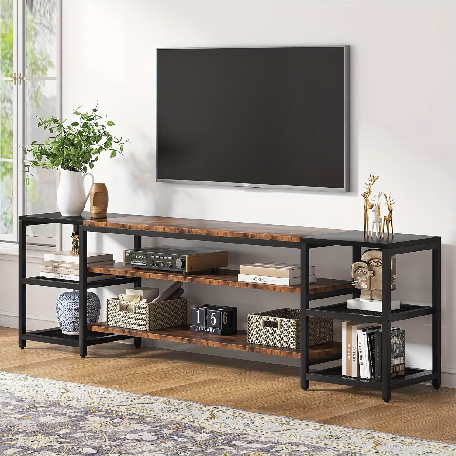 198cm TV Stand for TVs up to 85 Inch, Media Entertainment Center Console Table with Storage Shelves, Industrial 3-Tier TV Console Table for Living Room, Entertainment Room