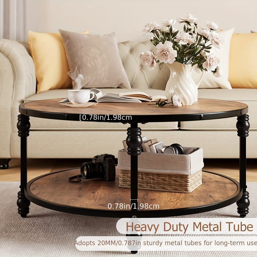 Round Coffee Table 88cm Industrial Center Table with Storage Shelf 2-Tier Rustic Accent Center Table Wood Circle Coffee Table with Sturdy Metal Legs, Easy Assembly