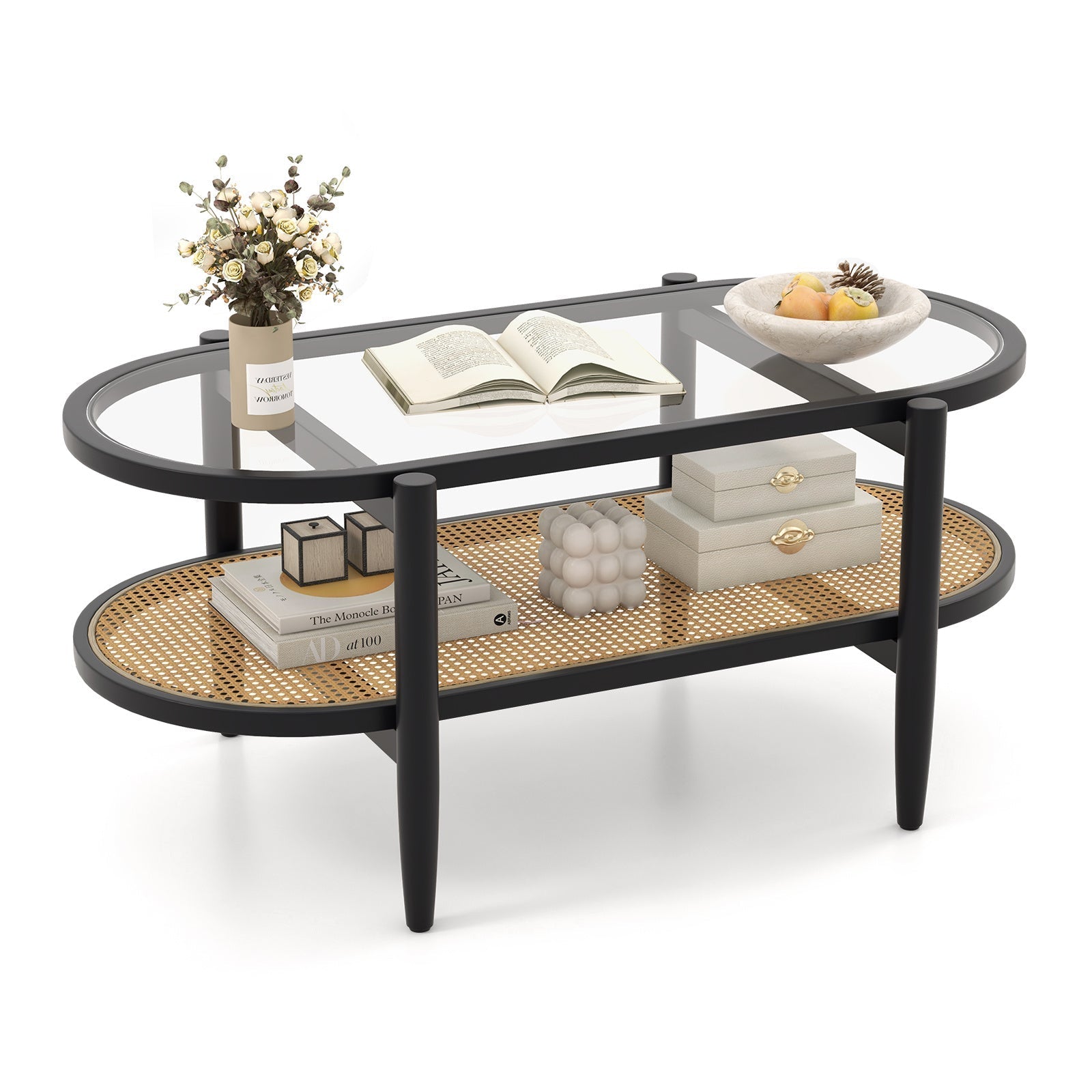 2-Tier Acacia Wood Coffee Table, Mid-Century Modern Rectangular Center Table with Glass Tabletop and Imitation Rattan Storage Shelf, Wooden Tea Table for Living Room Office Reception Room