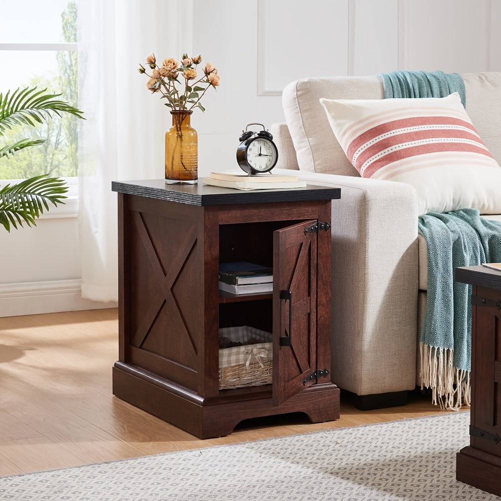 Farmhouse End Table Nightstand, Multifunctional Pedestal Base Sofa Side Table, Rustic Wooden Farmhouse Style, with Barn Door and Adjustable Shelf, for Living Room, Bedroom - No Electricity Required