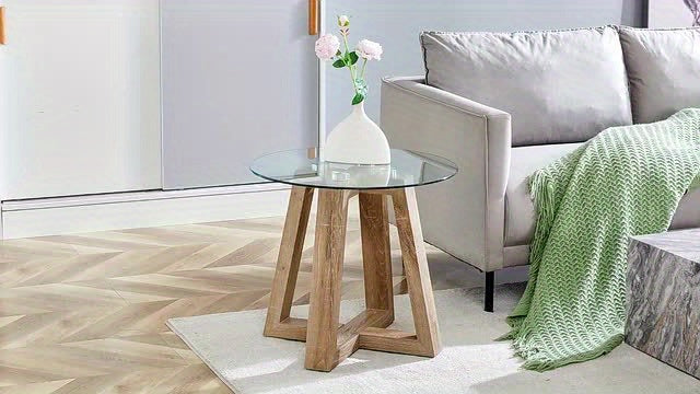 56cm Tempered Glass Small End Table, Minimalist Round Side Table, Mid-Century Modern End Side Table for Living Room Bedroom Small Spaces Office, with wood-coloured Legs, furniture for home clearance, home decor, lo