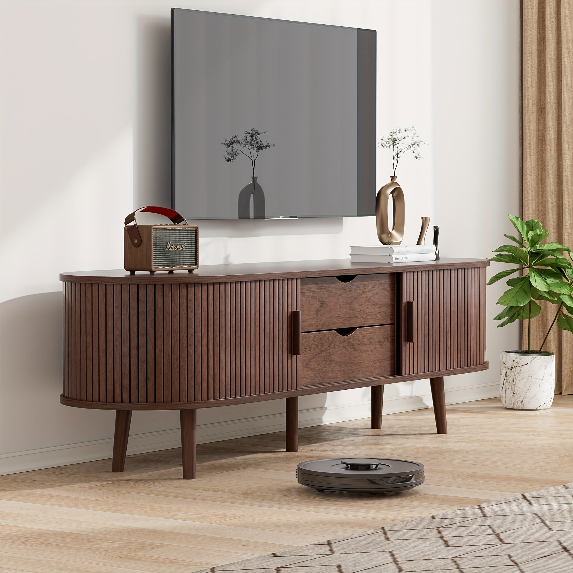 Chic Curved Edge Modern TV Stand - 140/175cm Oak/Walnut, Farmhouse Style with 2 Drawers & Adjustable Shelves, Solid Wood Legs, Beige Media Console Table, Tv Console for Living Room