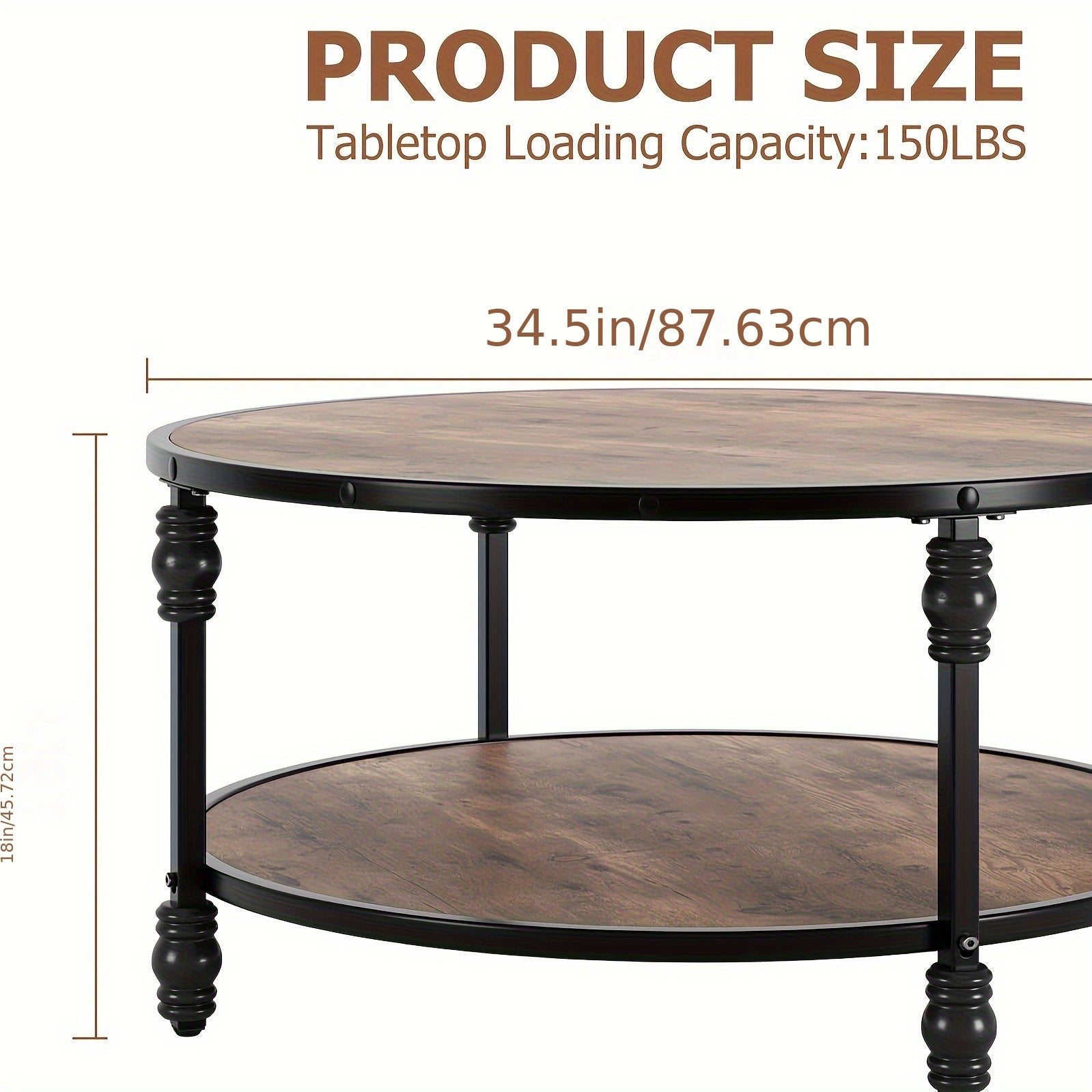 Round Coffee Table 88cm Industrial Center Table with Storage Shelf 2-Tier Rustic Accent Center Table Wood Circle Coffee Table with Sturdy Metal Legs, Easy Assembly