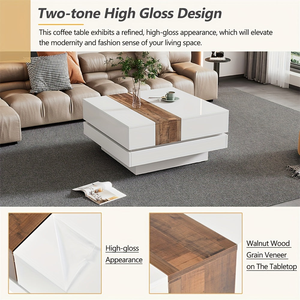 81cm Square Coffee Table With Sliding Tabletop, High Gloss Center Table With Hidden Storage Compartment, Extendable Cocktail Table With Walnut Grain Finish For Living Room