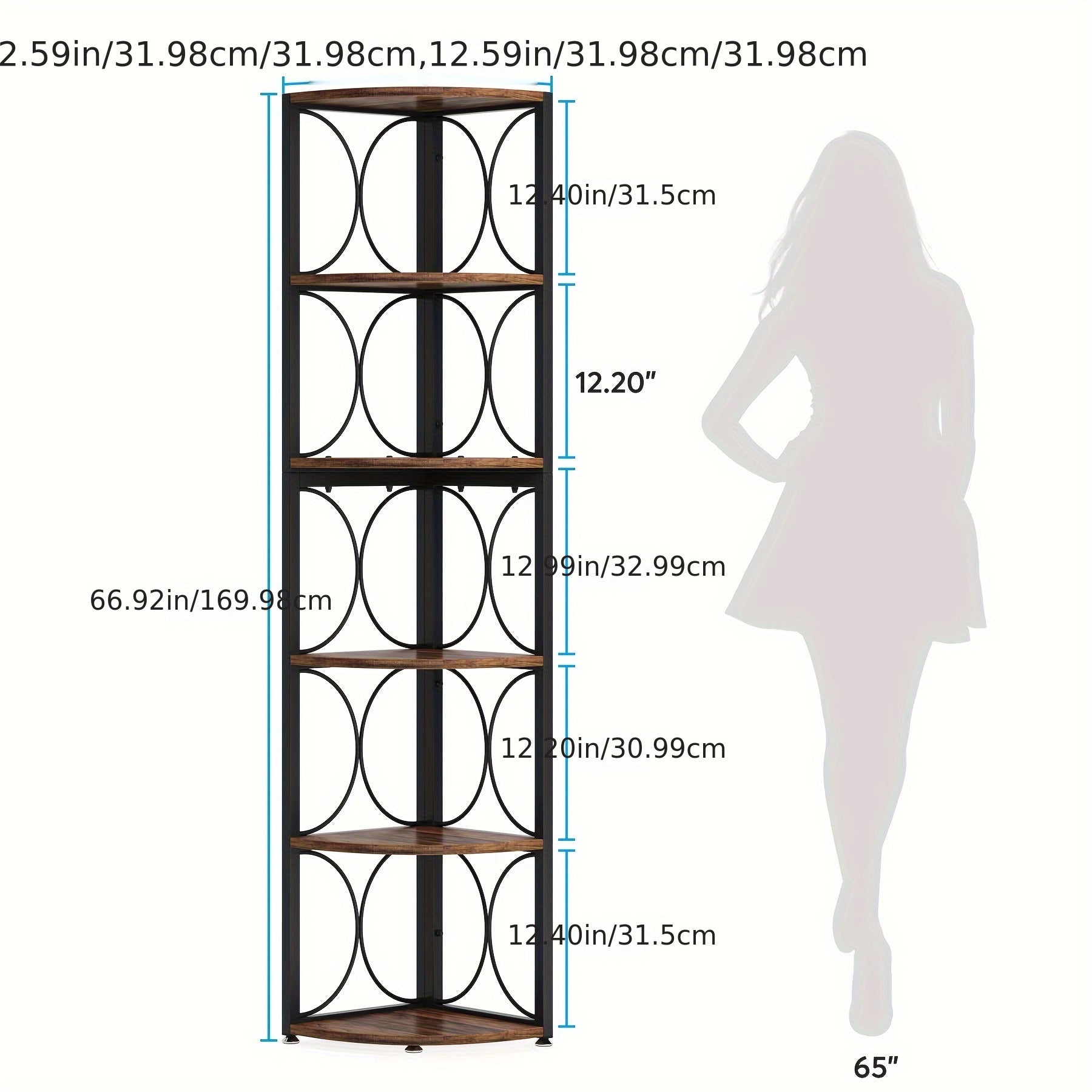 177cm Corner Bookshelf Bookcase Storage Rack Standing Shelving Unit for Living Room, 6 Tier Rustic Tall Corner Shelf, Small Space