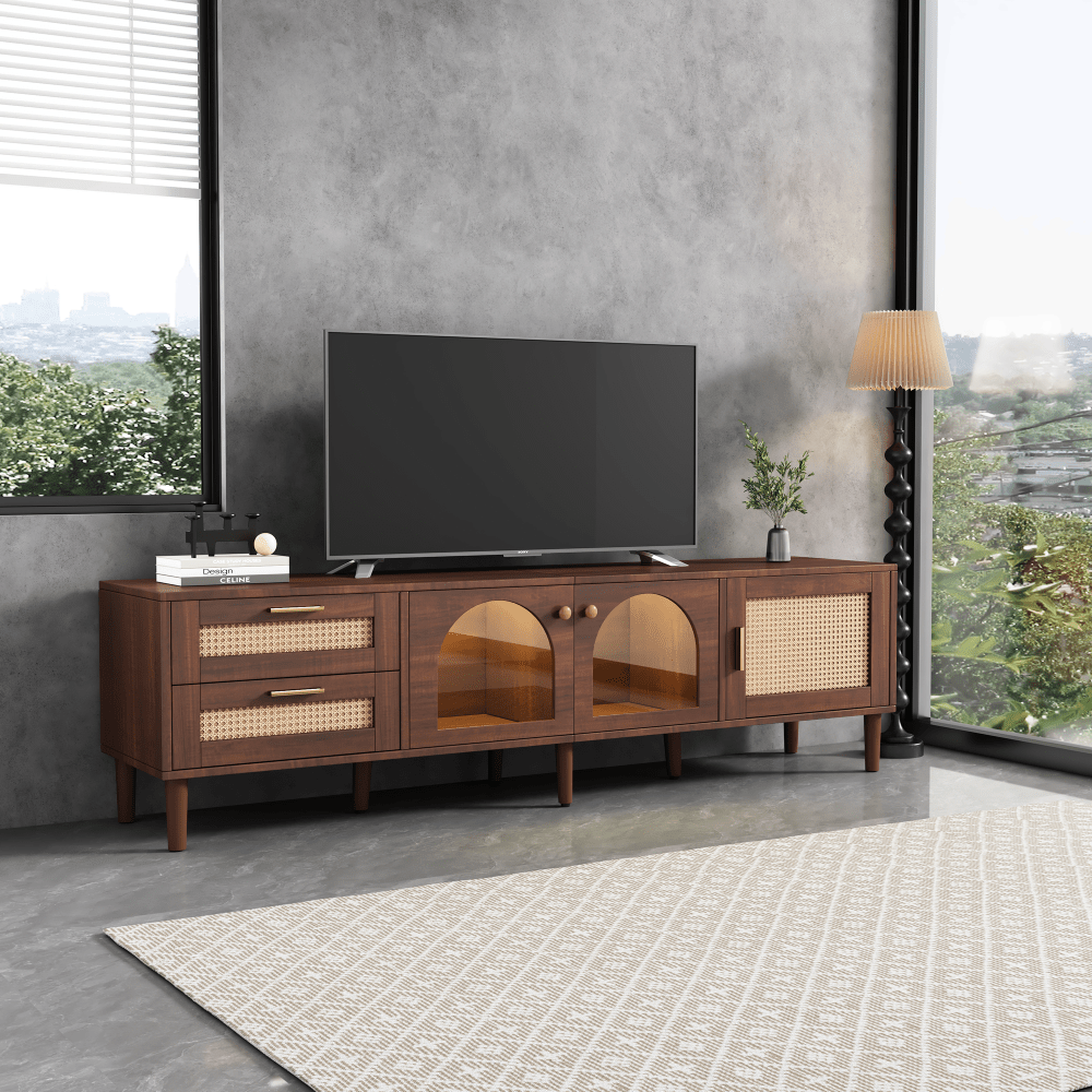 Rattan TV Cabinet with 3 Cabinets and 2 Drawers, Rattan Style Media Console Table, Suitable for TVs up to 80 Inches, TV Cabinet for Living Room, Bedroom, Home Theater