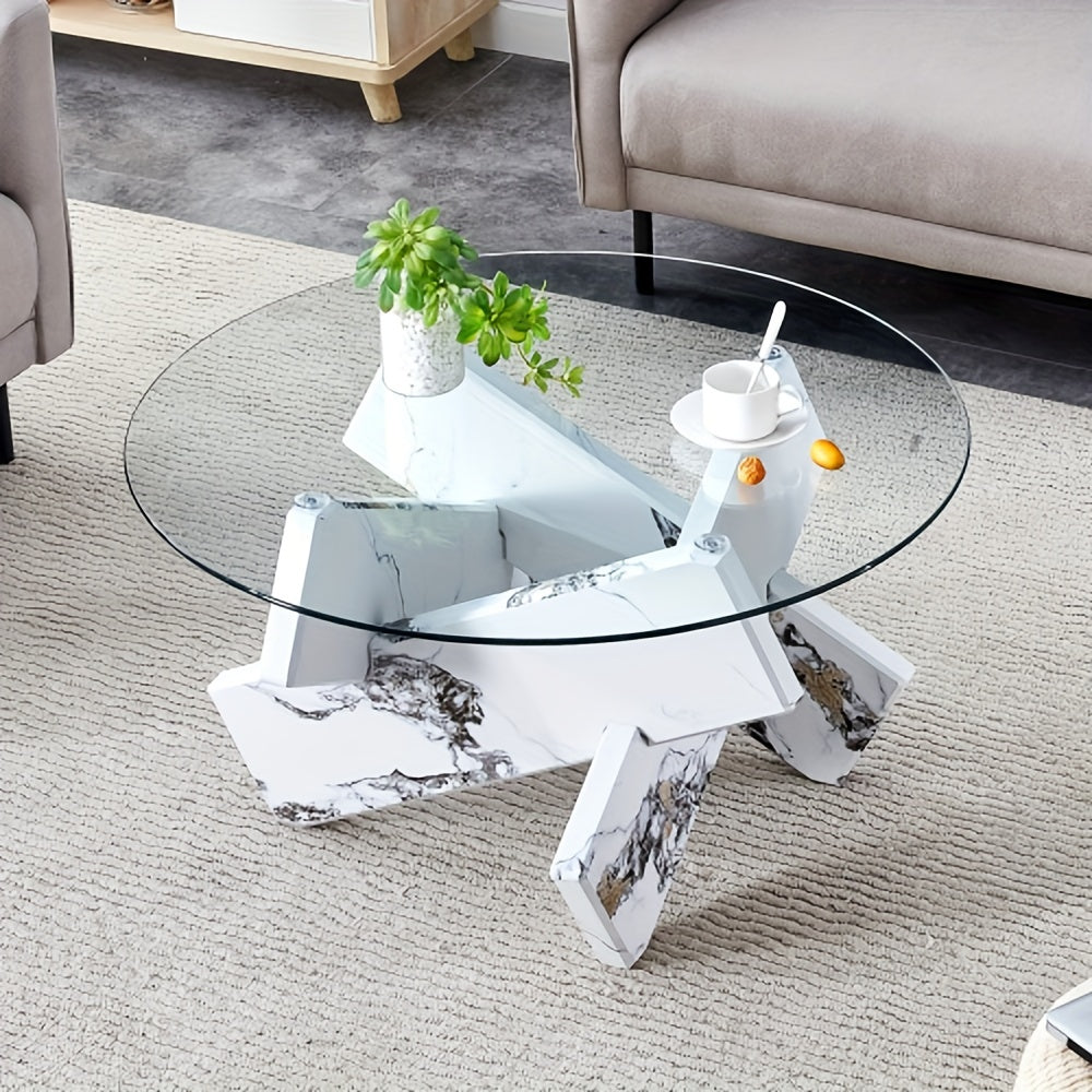 Round Glass Top Coffee Tables For Living Room, 33.4 Inch Rustic Farmhouse Center Table, Mid Century Circle Cocktail Table With Gray Wood Crossed Legs, Characteristic Furniture