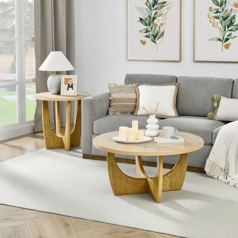 Elegant 91cm Round Oak Wood Coffee Table - Mid-Century Modern Design with Curved Legs, High Load Capacity for Living Room, Bedroom, or Reception Area