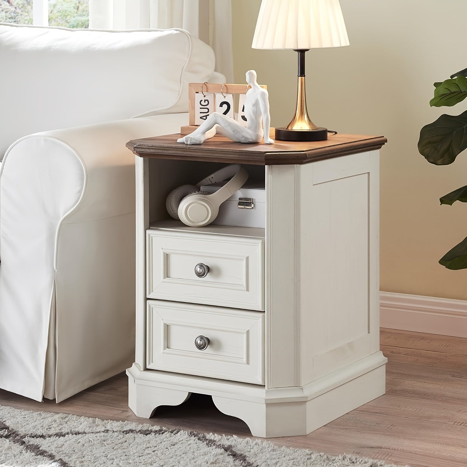 Farmhouse Nightstand with Charging Station, 18" End Table with 2 Drawers, Wood Side Table, Bedside Cabinet for Bedroom, Living Room