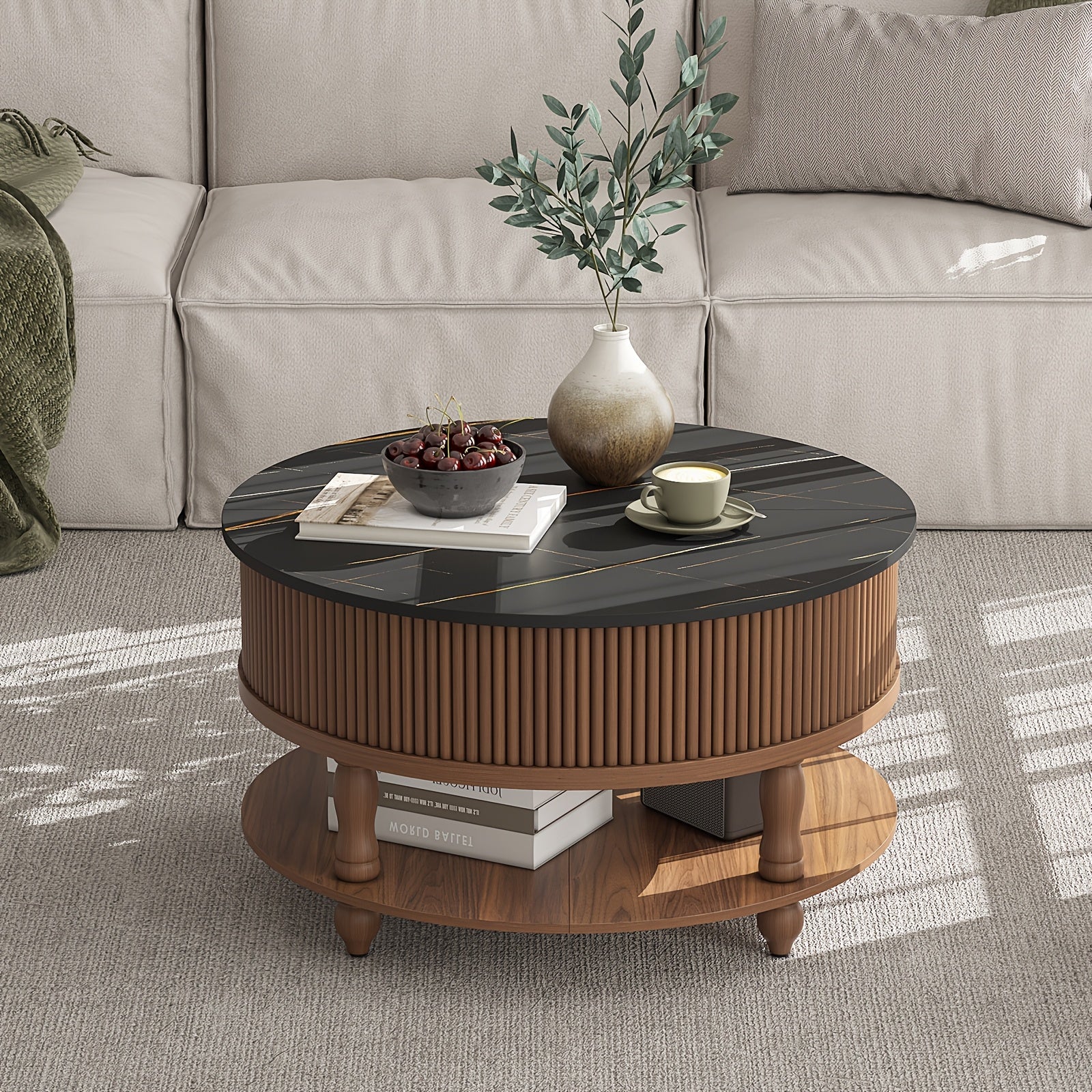 81cm Walnut Wood Round Coffee Table with Adjustable Height, Storage & Hidden Compartment - 2-Tier Mid-Century Modern Design for Living Room