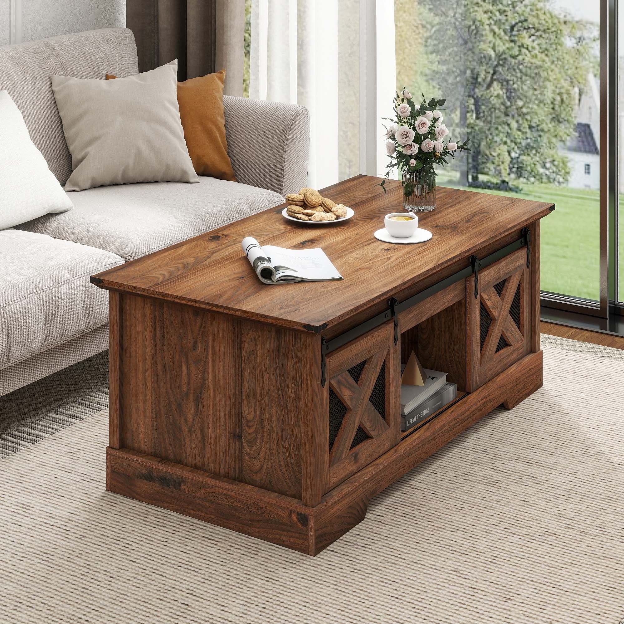 Rustic Farmhouse Coffee Table with Storage and Sliding Door - Space-Saving Wooden Cocktail Table for Living Room, 21.7"D x 47.24"W