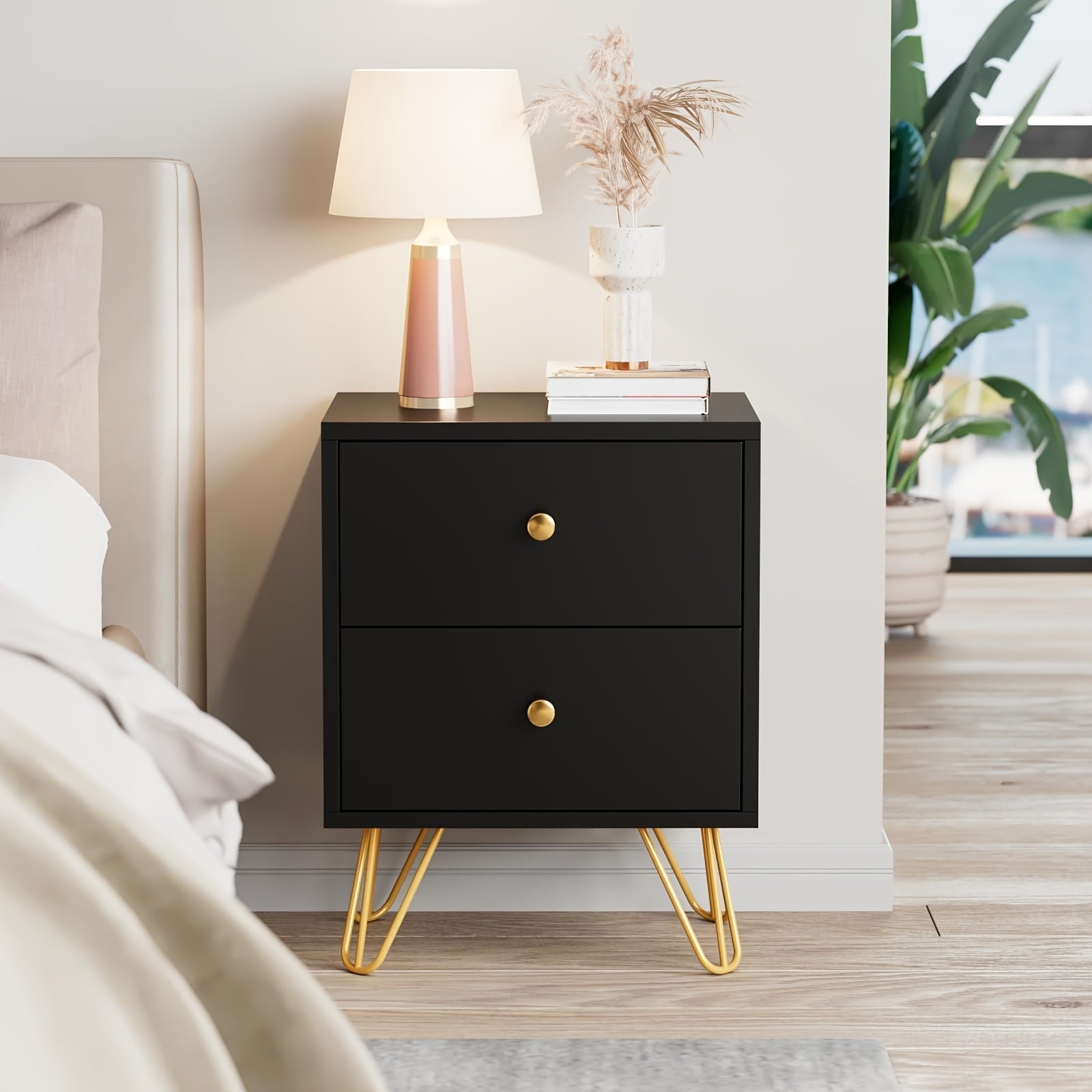 Set of 2 White Nightstands with Golden Metal Legs - Contemporary Double Drawer Bedside Tables, Lockable, 3.2+ Cubic Ft Storage, for Stylish Bedroom & Living Room Decor, Bedroom Decor And Accessories