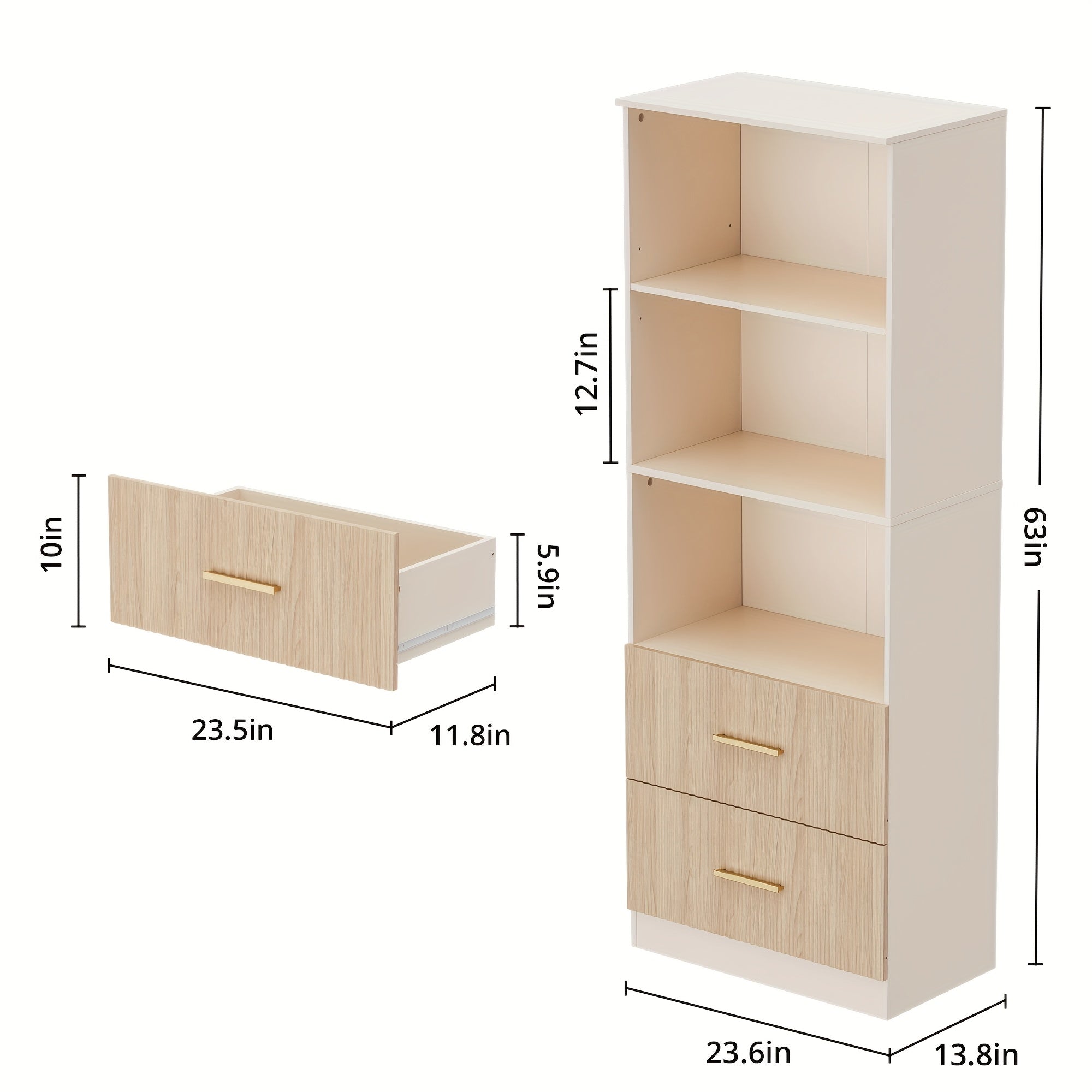 160cm tall bookshelf with 2 drawers, 3-layer modern bookshelf with adjustable shelves, corner open cube shelf, floor display bookshelf, suitable for living room, bedroom, office, white/black/rubber