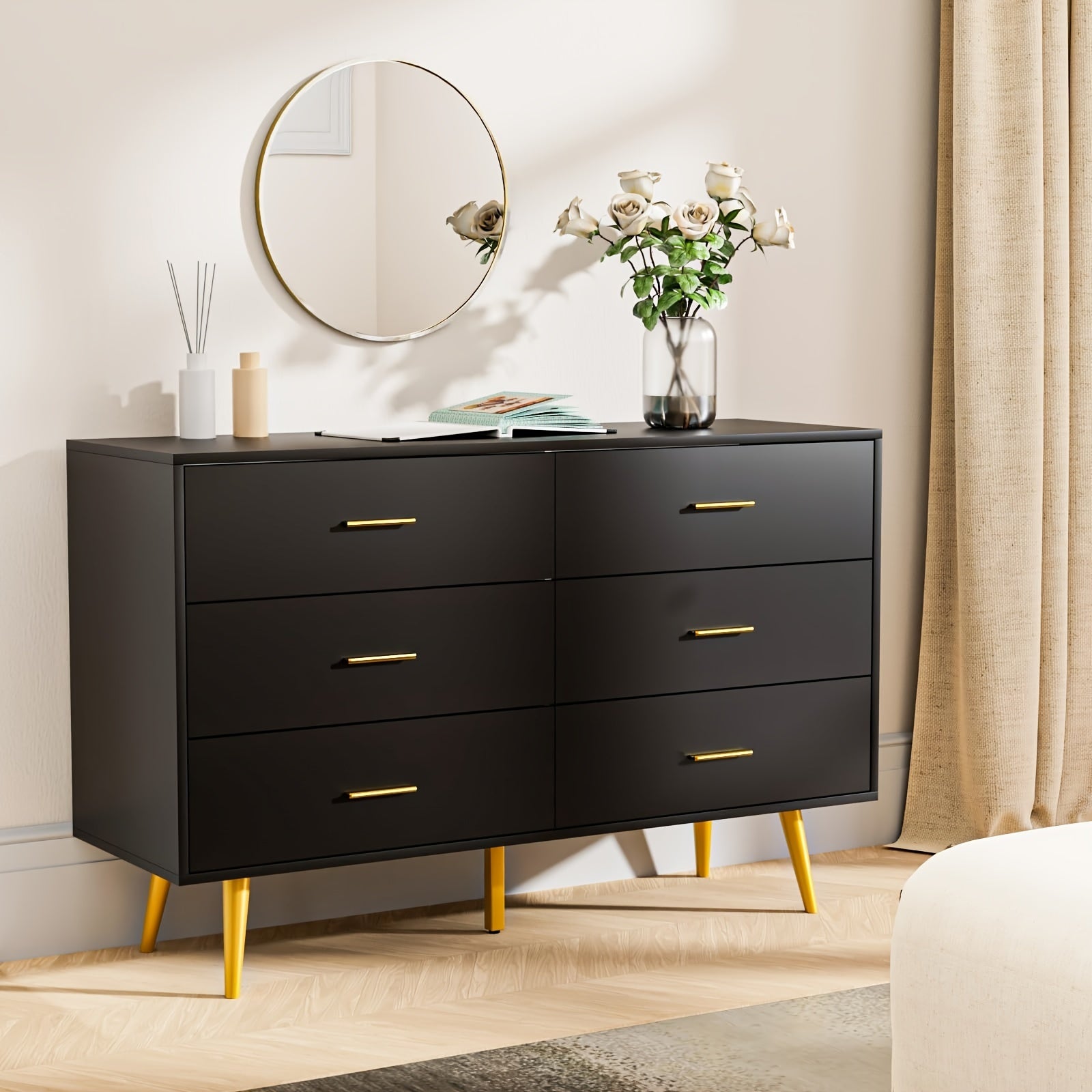 6-Drawer Dresser, Modern Wooden Chest with Wide Drawers, Golden Metal Handles, Ample Storage, ≥3.2 Cubic Feet Capacity, ≥27" Height, with No Electricity Required, for Bedroom, Hallway, Entryway, Storage Drawer U