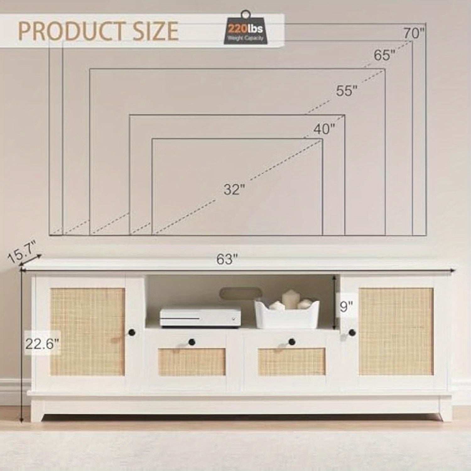 Rattan TV Stand, Modern Entertainment Center for 65/ 70 Inch TV, White Media Center with 2 Drawers and 2 Cabinets with Adjustable Shelf, TV Media Console Cabinet for Living Room