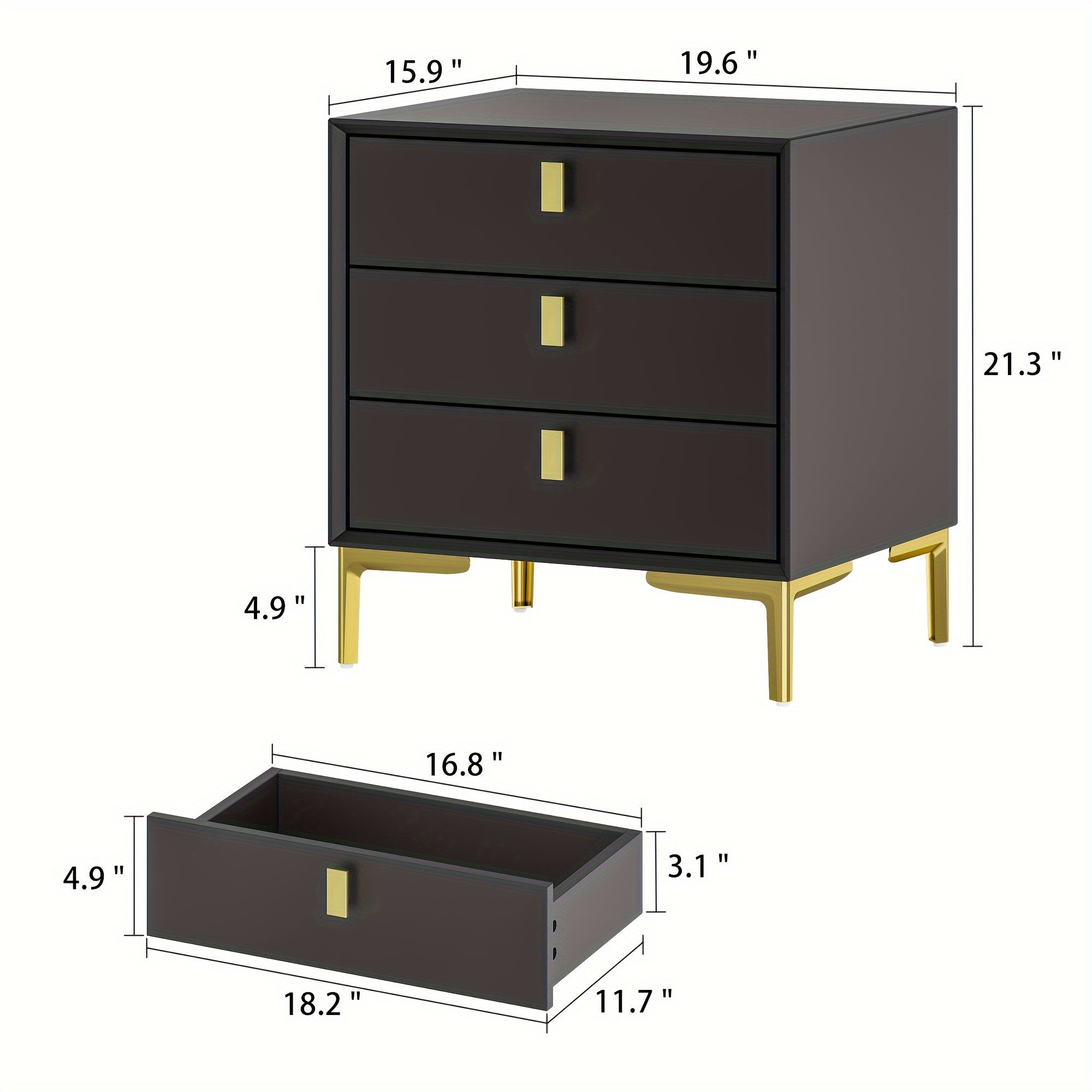 50cm Night Stand with 3 Deep Drawers, Modern Side Table with Metal Handles & Legs