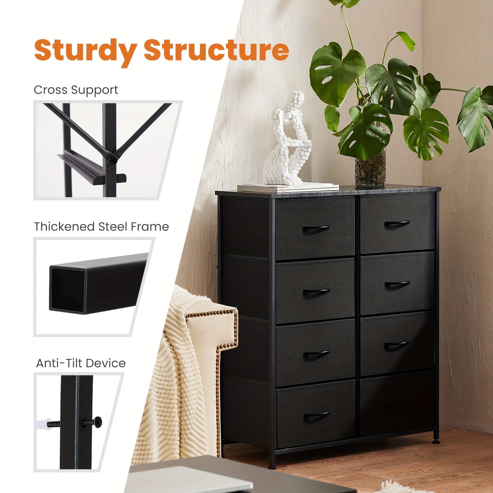 8-Drawer Dresser, Storage Cabinet With Sturdy Steel Frame, Clothes Organizer With Fabric Drawer For Bedroom, Living Room, Furniture For Office, Hotel For Store Display