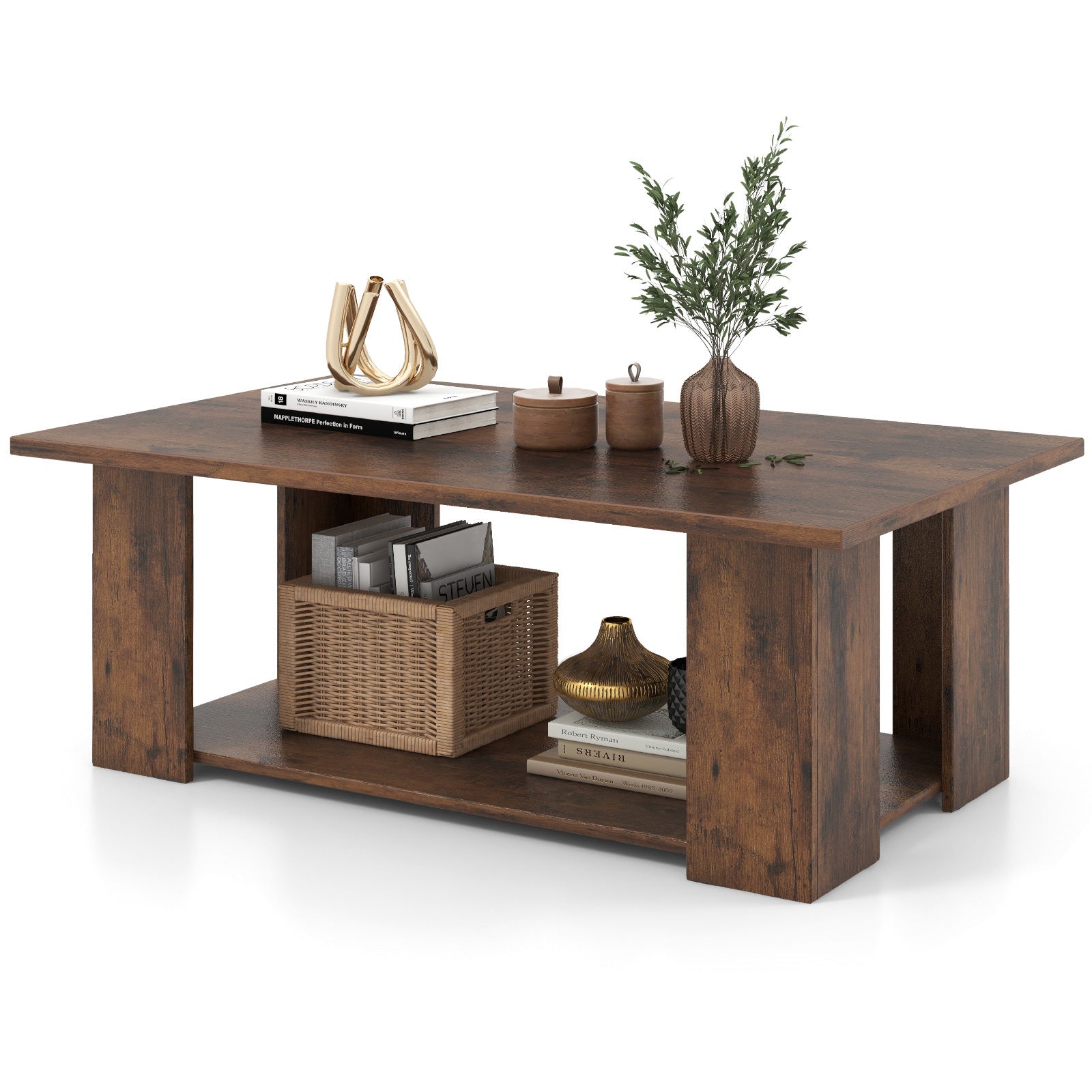 Elegant 2-Tier Coffee Table with Storage Shelf - Modern Center Cocktail Table for Living Room, Durable Hardwood Construction