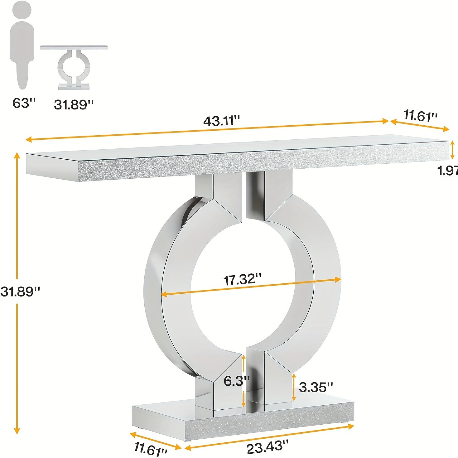 109.22 cm Mirrored Entryway Console Table with O-shape, Modern Slim Silvery Glass Sofa Table for Foyers or Living Rooms