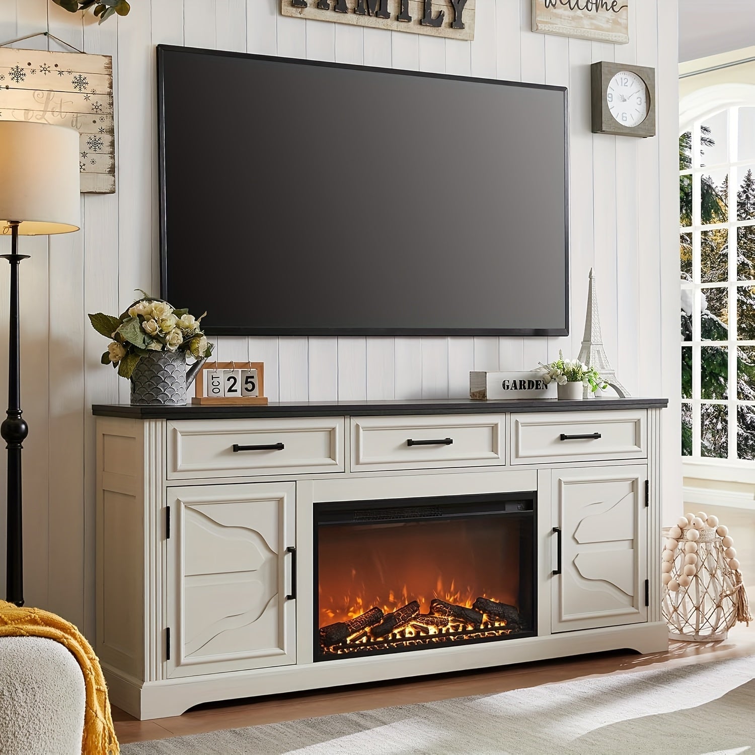 Farmhouse Fireplace TV Stand For Up To 80 Inch TV, Entertainment Center With 30" Electric Fireplace For 65 75 Inch TV, 70" TV Stand With Storage Cabinet Drawer For Living Room