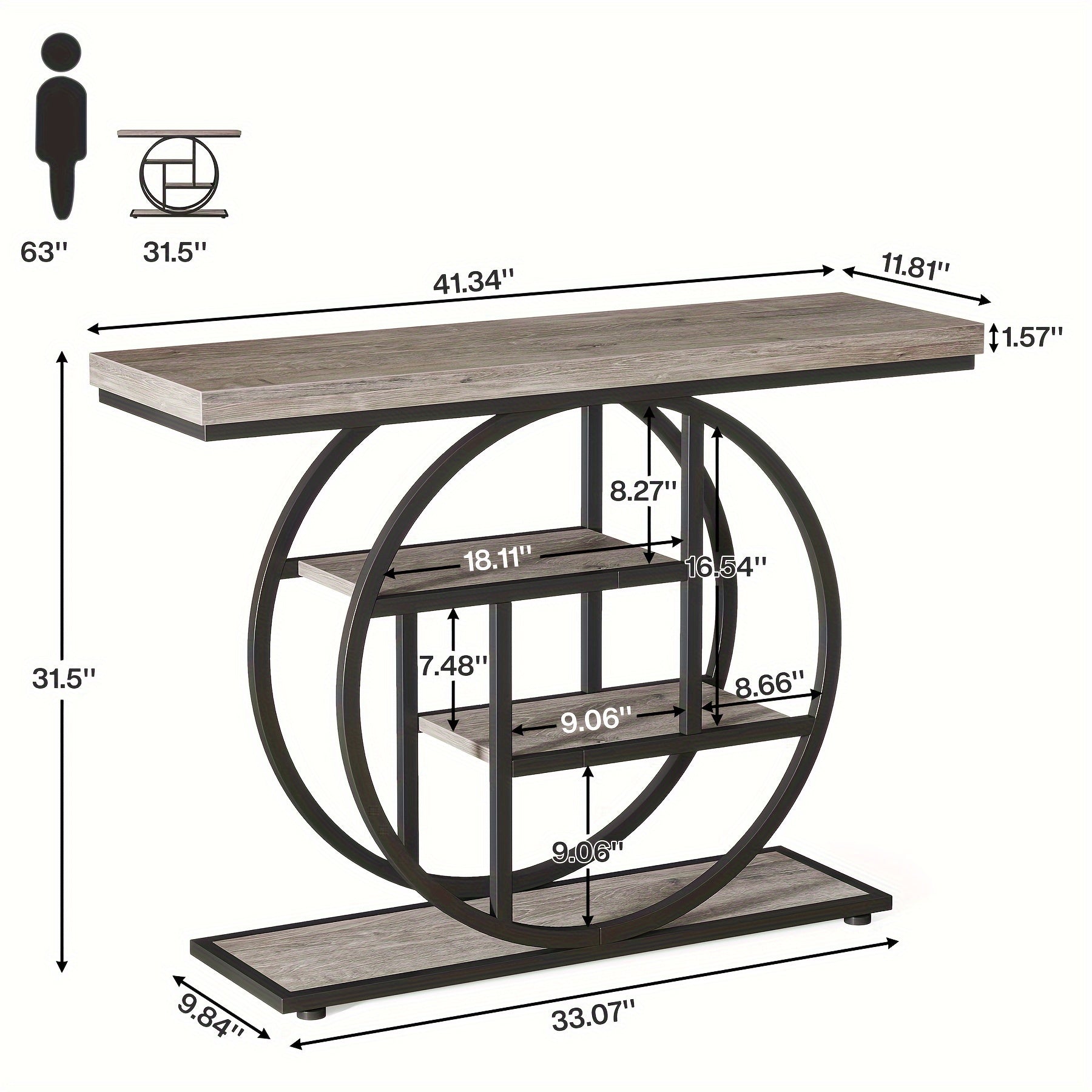 105 cm Console Table, Industrial 4-Tier Sofa Table for Living Room, Wood Entryway Hallway Foyer Table with Black Metal Circle Base, Narrow Gray Accent Table with Storage Shelves