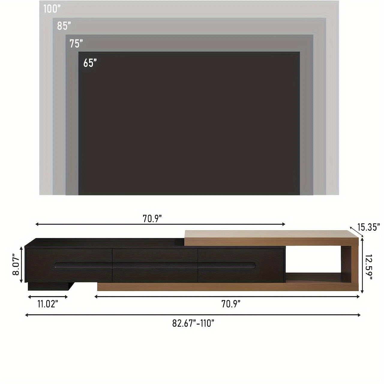 210cm Extendable TV Stand, Modern Entertainment Center For Up To 120 Inch TV, Wood Reversible TV Media Console With 3 Drawers For Living Room Bedroom