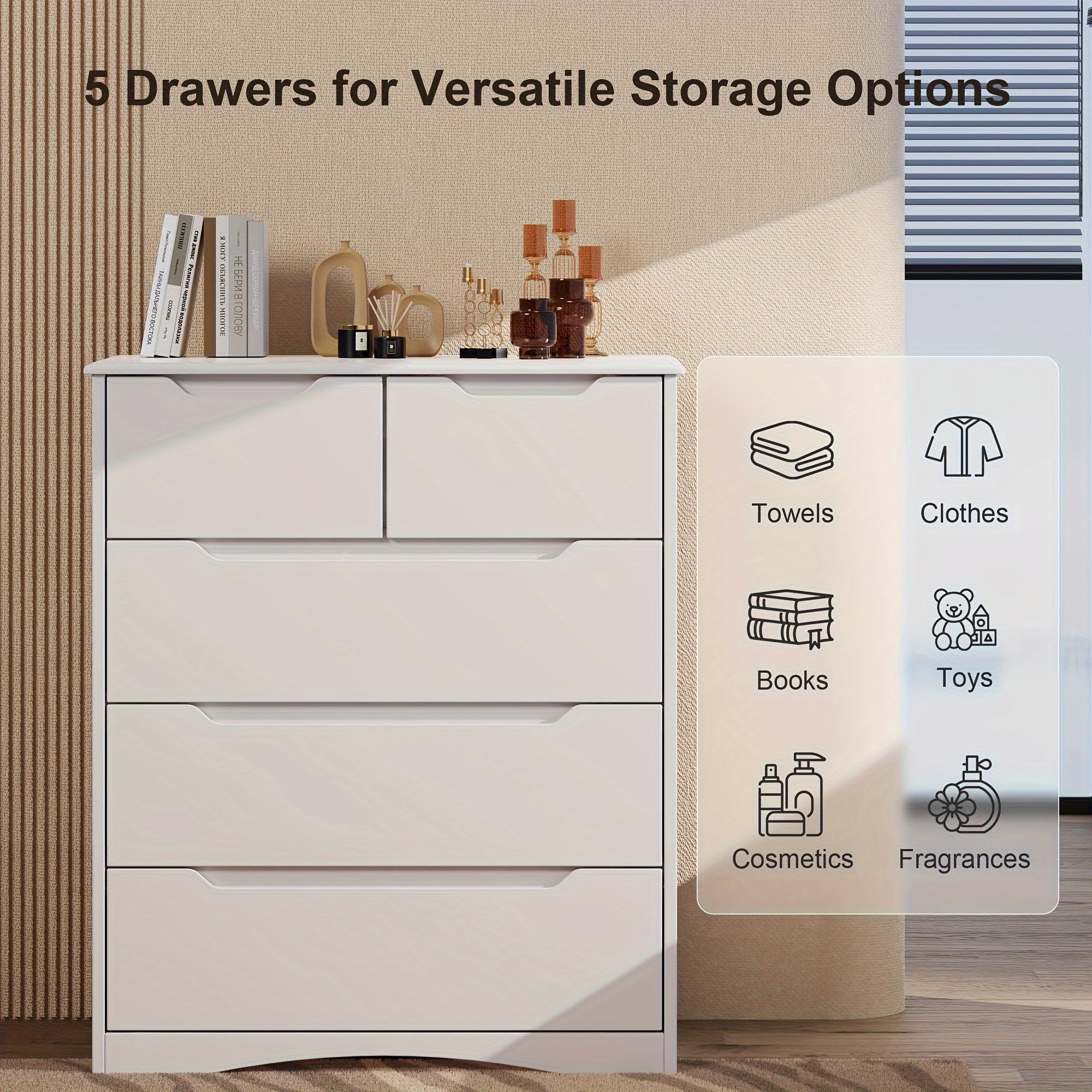 Dresser For Bedroom, 3 Drawers Dresser, 4 Chest Of Drawers, 5 Drawers Chest, White Dresser For Dedroom With Embedded Handle, Sturdy Anti-Tripping Device, Chest Of Drawers With Large Storage Capacity For Hallway, Office, Livin