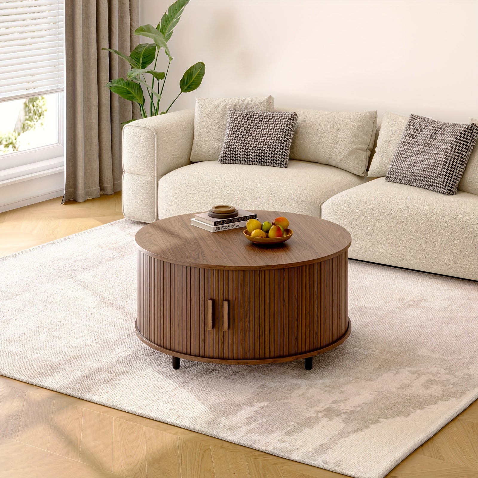 1pc 80cm Modern Round Coffee Table, Grooved Hardwood with Sliding Door, Space-Saving Engineered Wood Pedestal, Adjustable Feet, Stable & Easy to Clean, Walnut Finish, Living Room Furniture