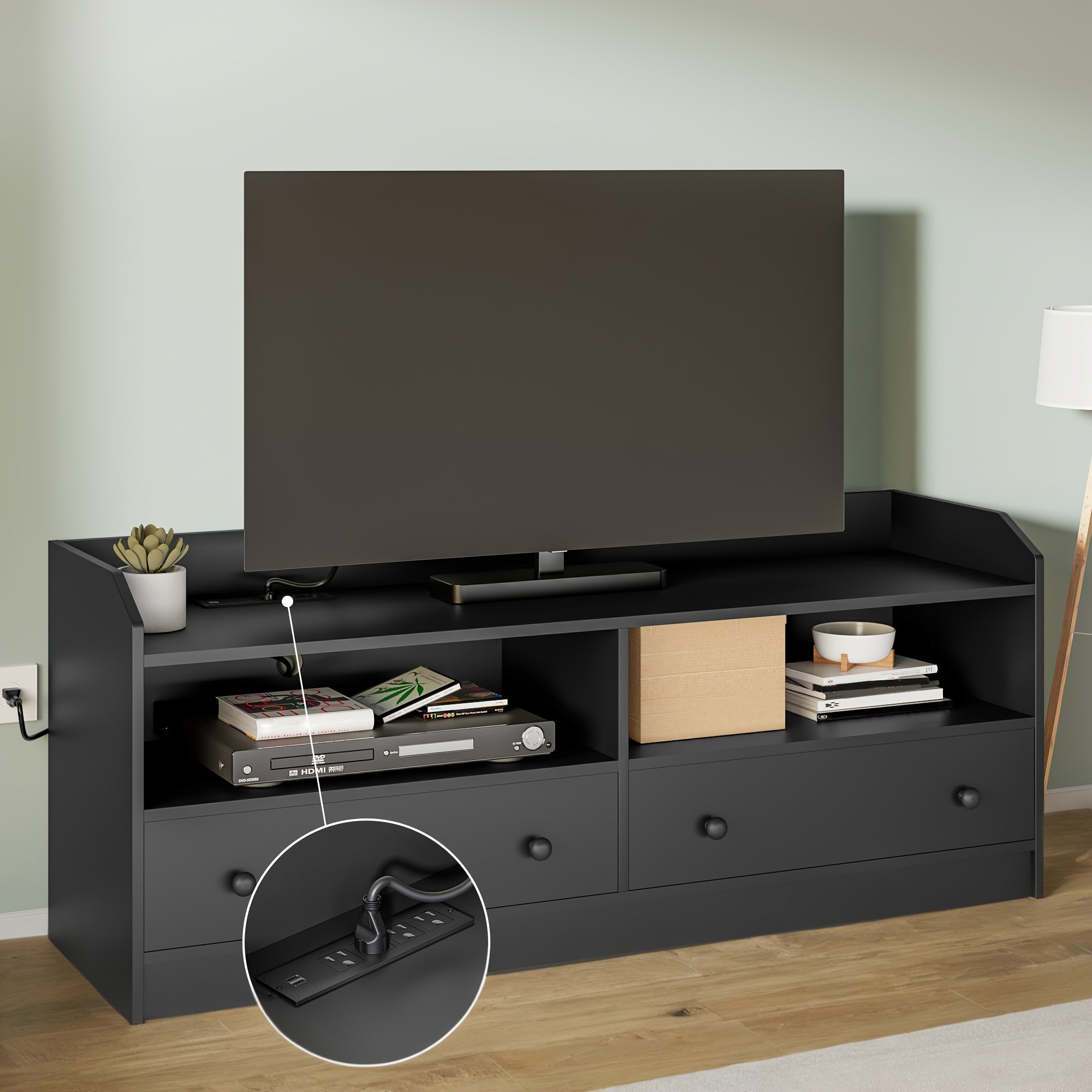 TV Stand for 127/140/152cm TV, Entertainment Center, TV Console with 2 Shelves & 2 Drawers, Open Storage Shelf, Media Console for Living Room, Perfect for Storage, Black