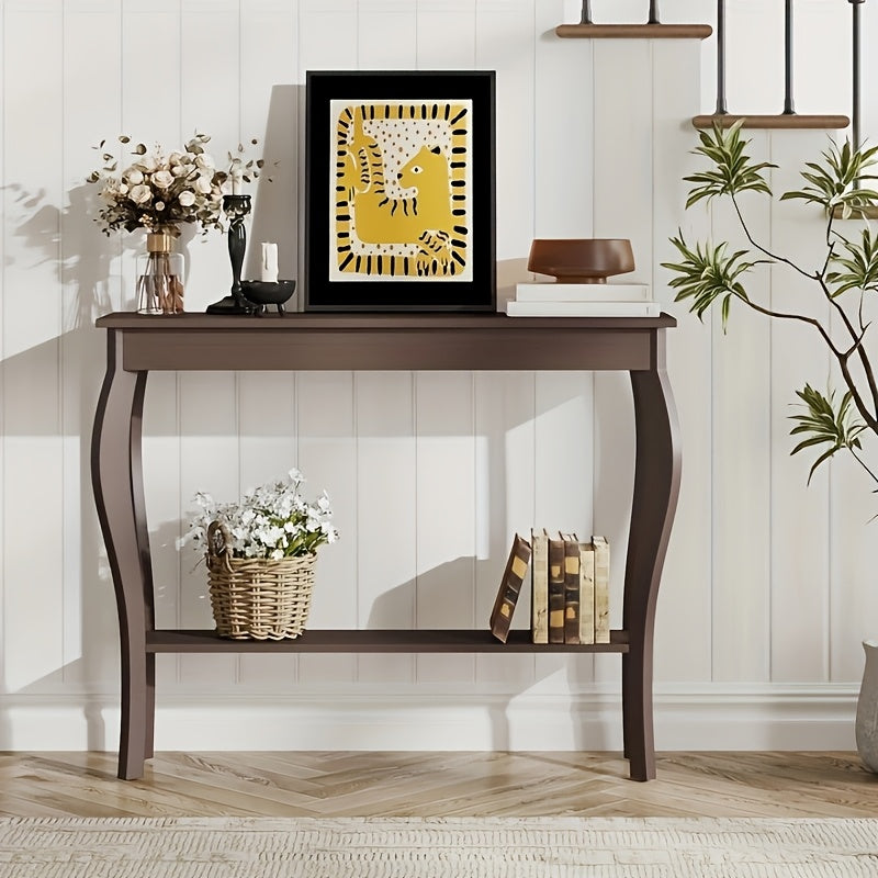 Farmhouse Console Sofa Table with S-Shape Wooden Legs, Chic Accent Narrow Console Table with Sturdy Frame and Open Shelf for Entryway, Living Room, and Hallway, Space-Saving Design, Versatile and Easy to Assemble (Dimensions in cm)