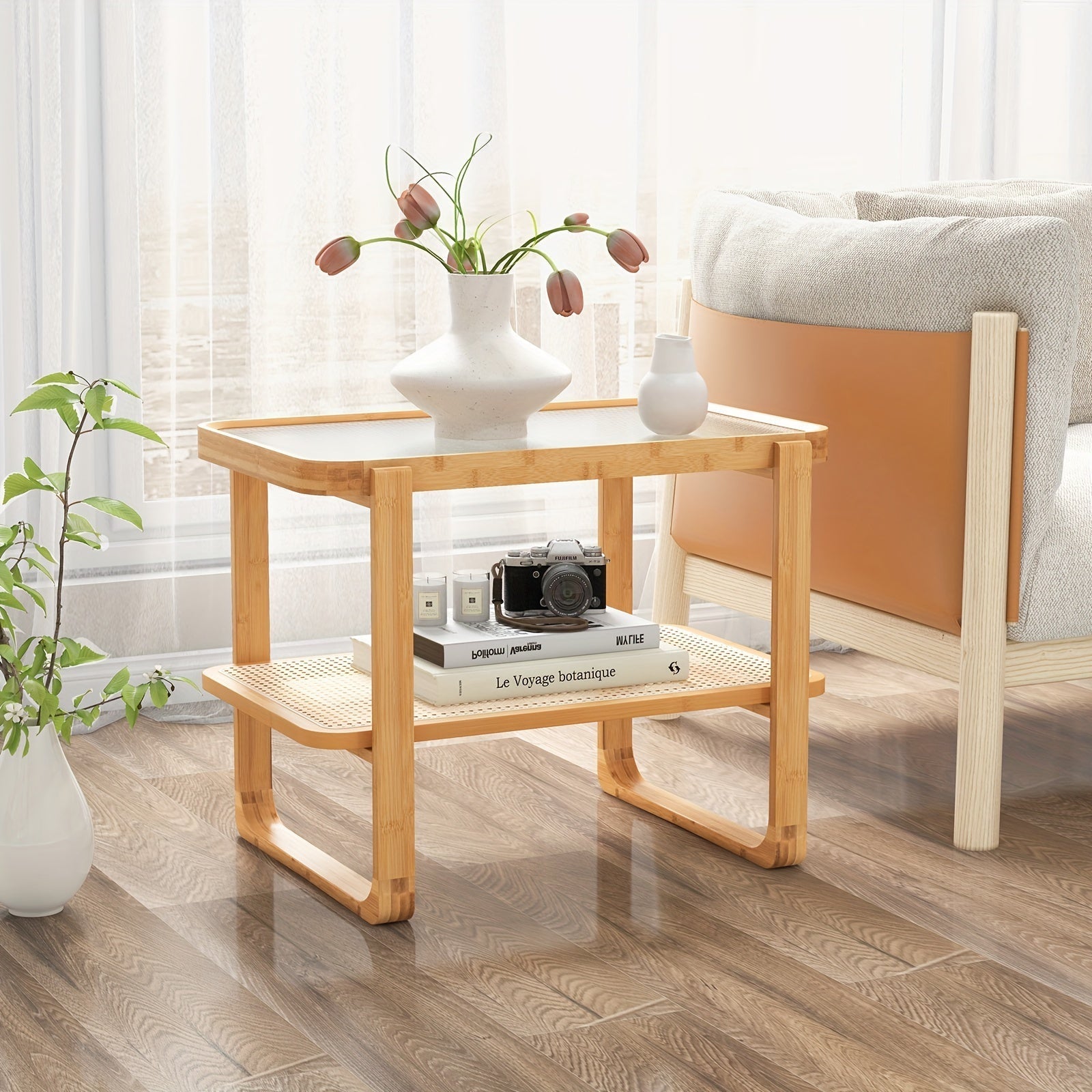 1pc Bamboo And Rattan Side Table With Glass Top, Modern Small Sofa End Table/Nightstand, 28x17.5x21.5 Inches, With Lower Shelf Storage, Home Furniture, Home Essential