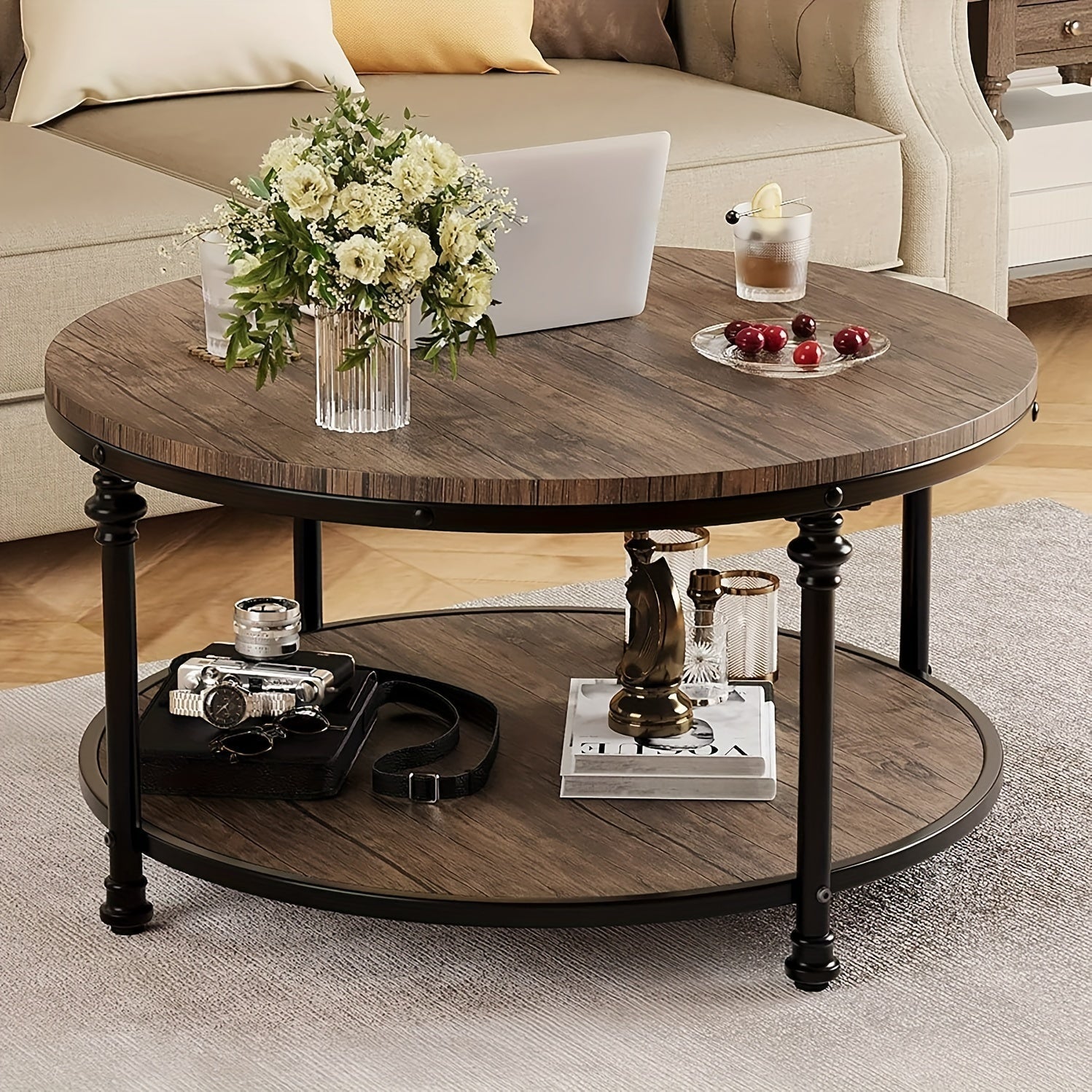 Round Coffee Table Rustic Center Table With Storage Shelf 2-Tier Industrial Accent Center Table Wood Circle Coffee Table With Sturdy Metal Legs, Easy Assembly