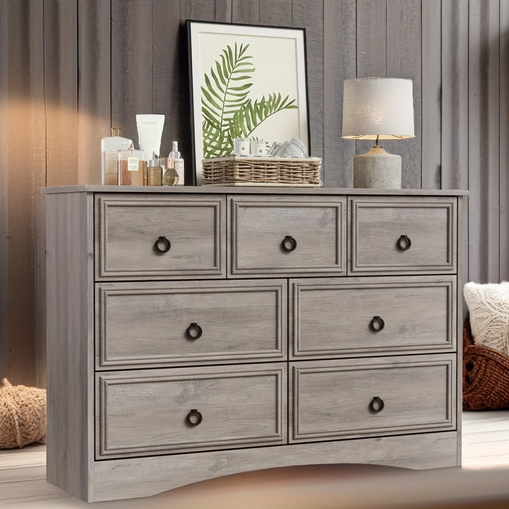 Gray Dresser for Bedroom with 7 Drawers, Modern Farmhouse Wide Chest of Drawers, Storage Organizer Unit with Metal Slides & Drawer Bottom Support for Closet, Living Room, Hallway