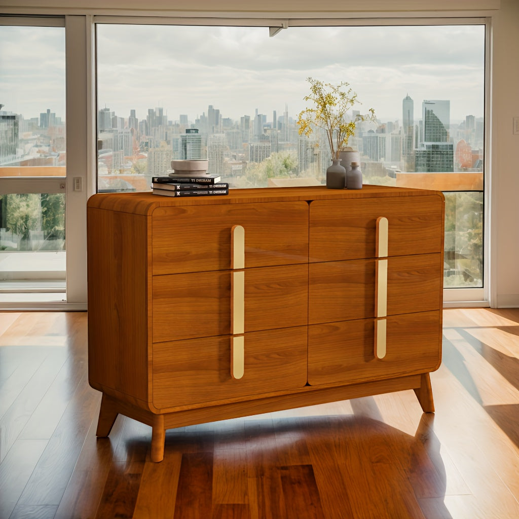 Mid Century Modern Dresser, 5, 6 Drawer Dresser With Storage, Chest Of Drawers With Metal Handle, Dresser TV Stand, Large Wood Drawer Organizer For Bedroom, Living Room, Hallway, Cherry