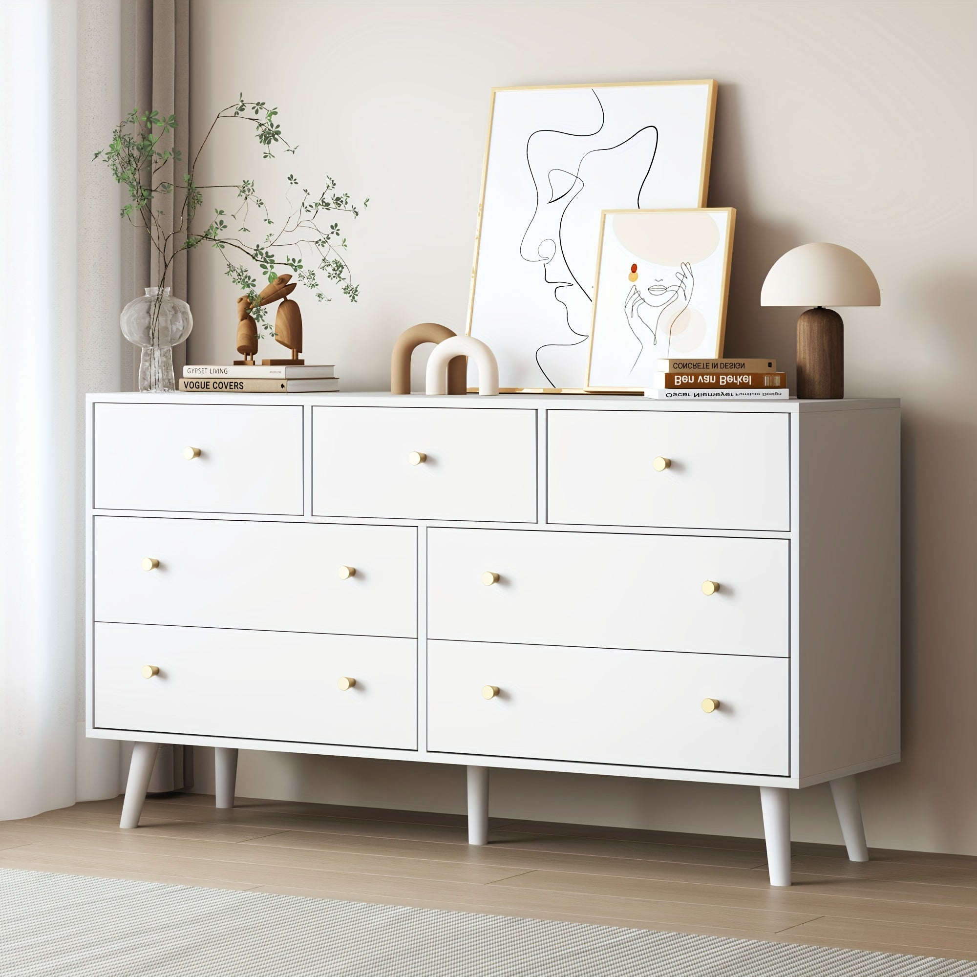 Dresser With 7 Drawers, Dresser For Bedroom, Modern Double Dresser With Wide Drawer And Metal Handles, Wood Dressers & Chests Of Drawers