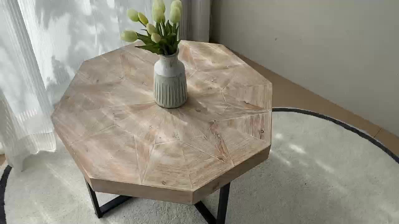 Octagonal Coffee Tea Table, Wooden Patchwork Style, Cross Metal Legs, Suitable for Patio, Balcony Living Room Tea Table