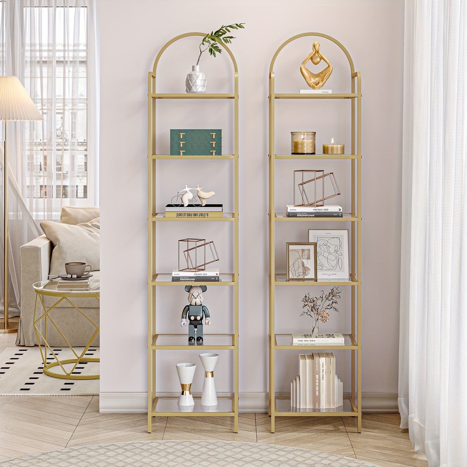 Bookcase Bookshelf, Tempered Glass Bookshelves, Slim Shelving Unit for Bedroom, Bathroom, Home Office, Steel Frame, 6 Tier Golden