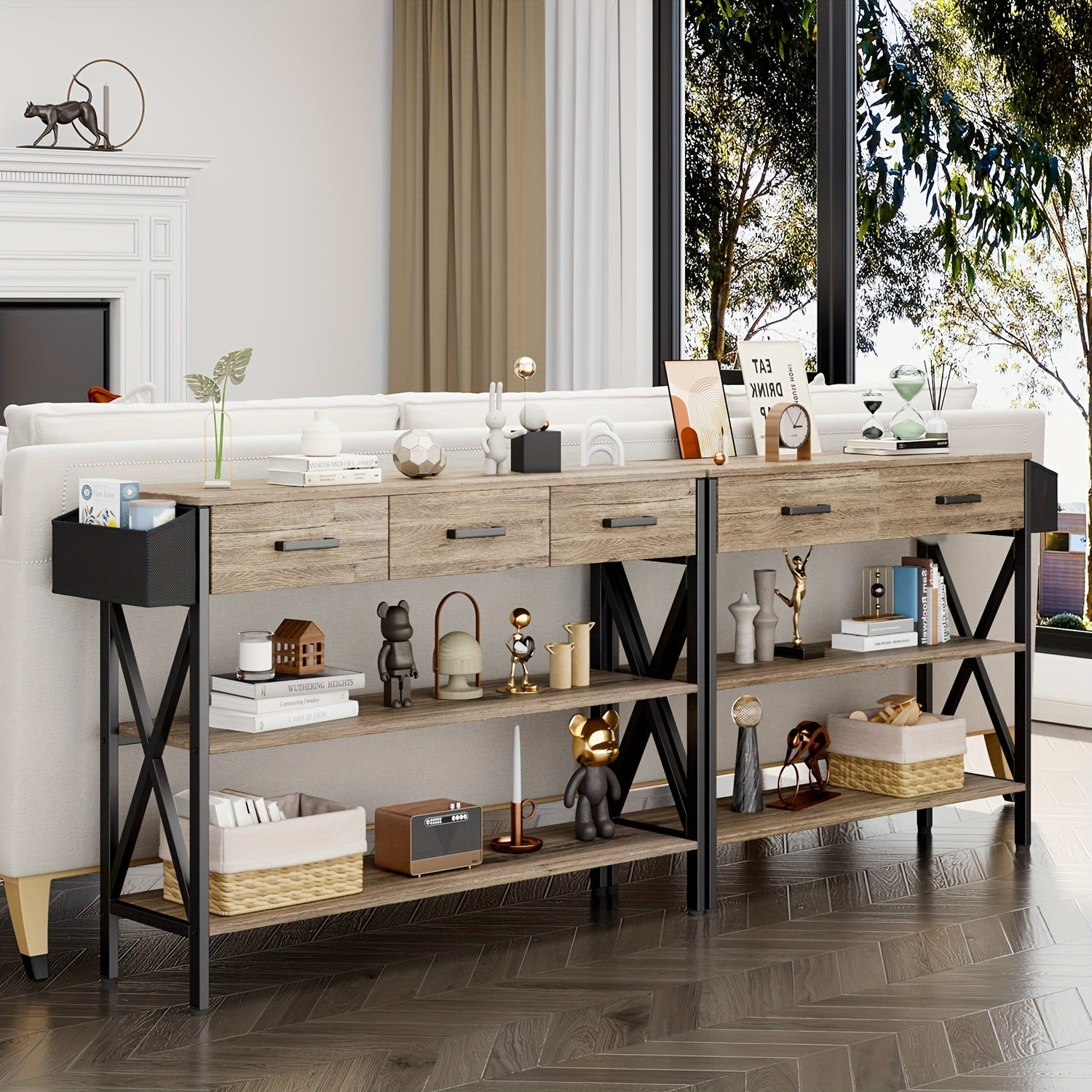 119 cm Console Table - Featuring Spacious Three Drawers and Three-Tier Shelves for Storage, Durable MDF Construction for Longevity, Easy Assembly Ideal for Hallways, Entryways, and Living Spaces