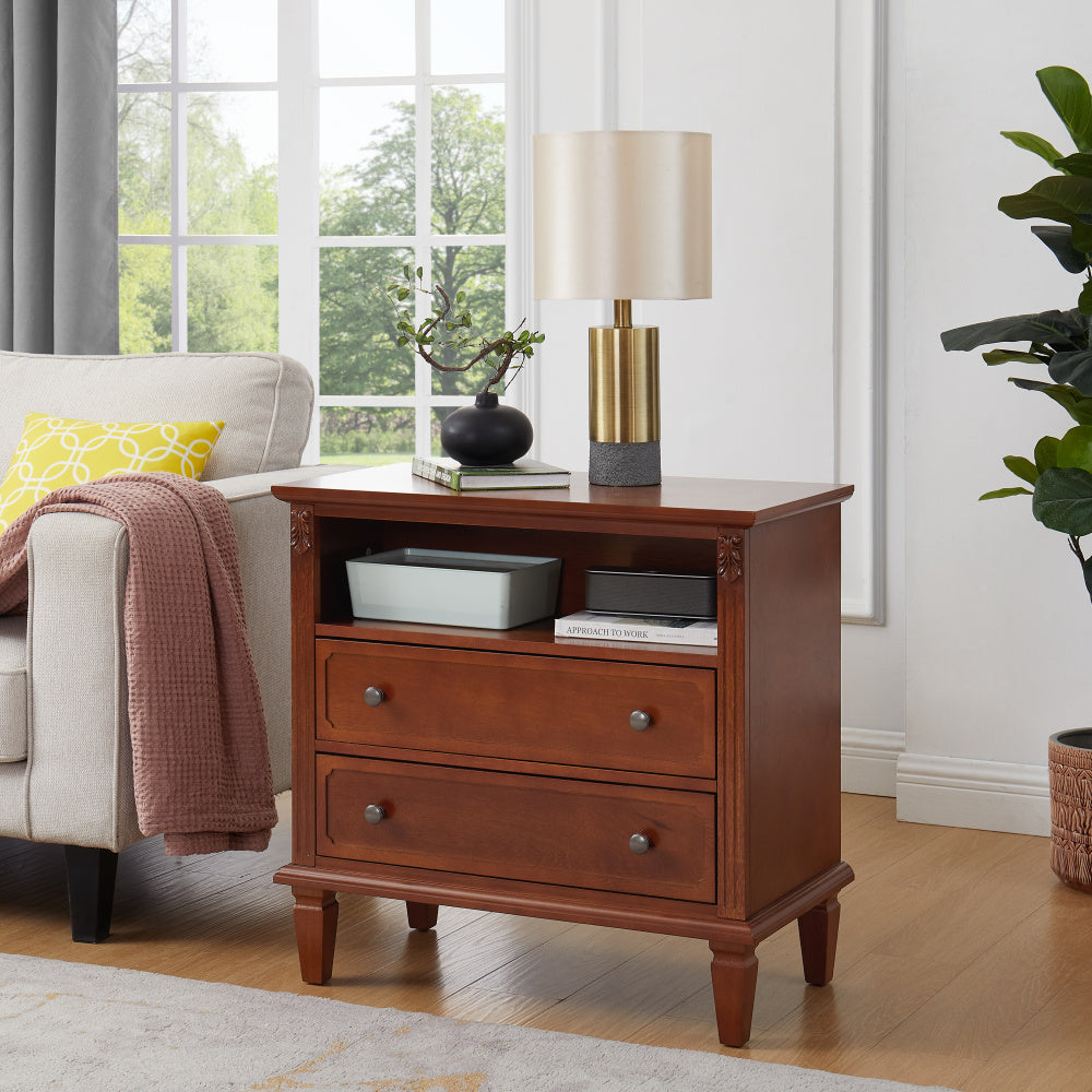 Open Space and 2 Drawers Dresser Nightstand, Fluted Pilasters Design Side Table with Solid Wood Legs for Bedroom