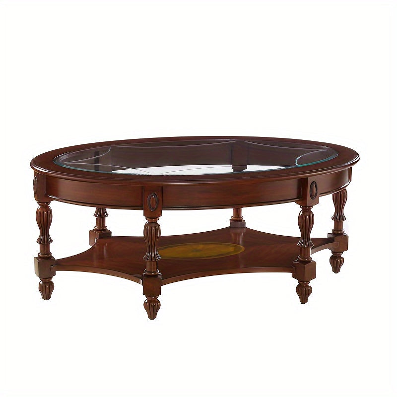 Vintage Oval Glass Coffee Tables For Living Room, Solid Wood Coffee Table With Glass Top, Elegant Coffee Tables For Small Space, Easy Assembly