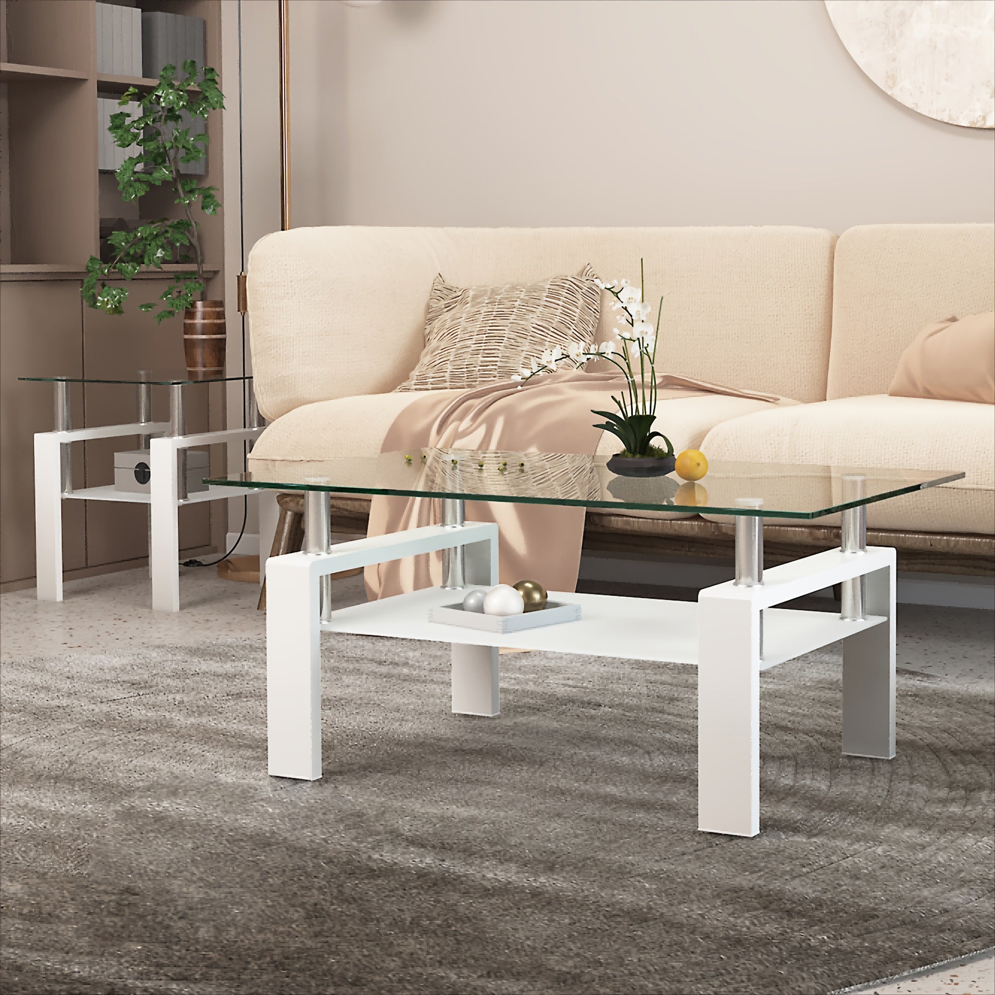 Classic Style Rectangular Tempered Glass Coffee Table with Metal Frame, Durable Living Room Centerpiece with Modern White Accents, Leisure & Home Office Compatible, No Assembly Required