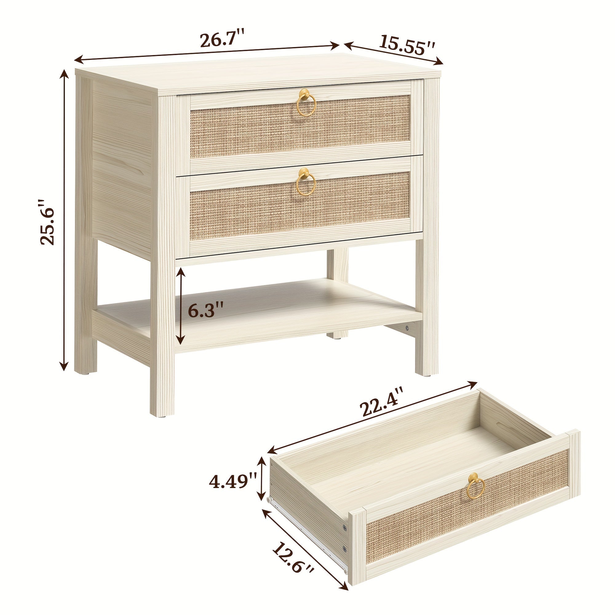 White Night Stand, Large Nightstand With Drawers And Storage Shelf - Rattan Boho Bedside Table Narrow Side Table For Bedroom, Small Space