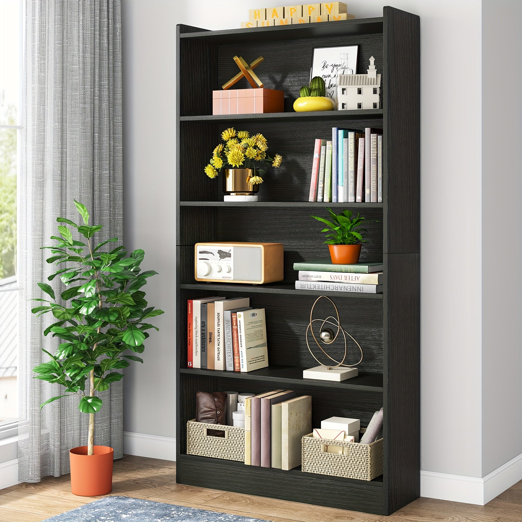 6-tier Bookcase. Standing At 181cm, This Piece Doubles As Bookshelves And Bookcases, Offering 5 Spacious Shelves For Your Library Collectio