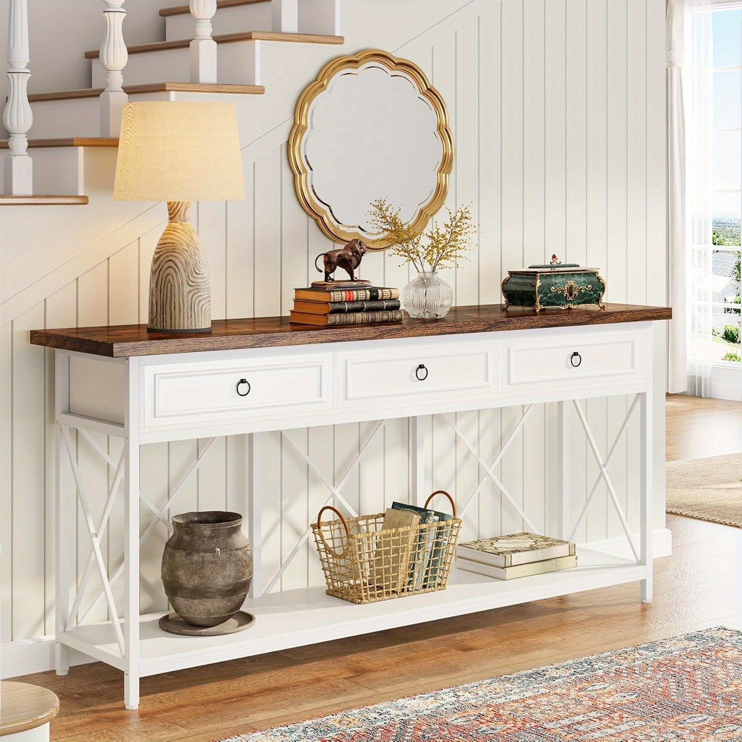 Farmhouse Entryway Table with Storage Shelf, Console Table with 3 Drawers, Narrow Long Sofa Foyer Table for Entryway, Hallway (Dimensions in cm)