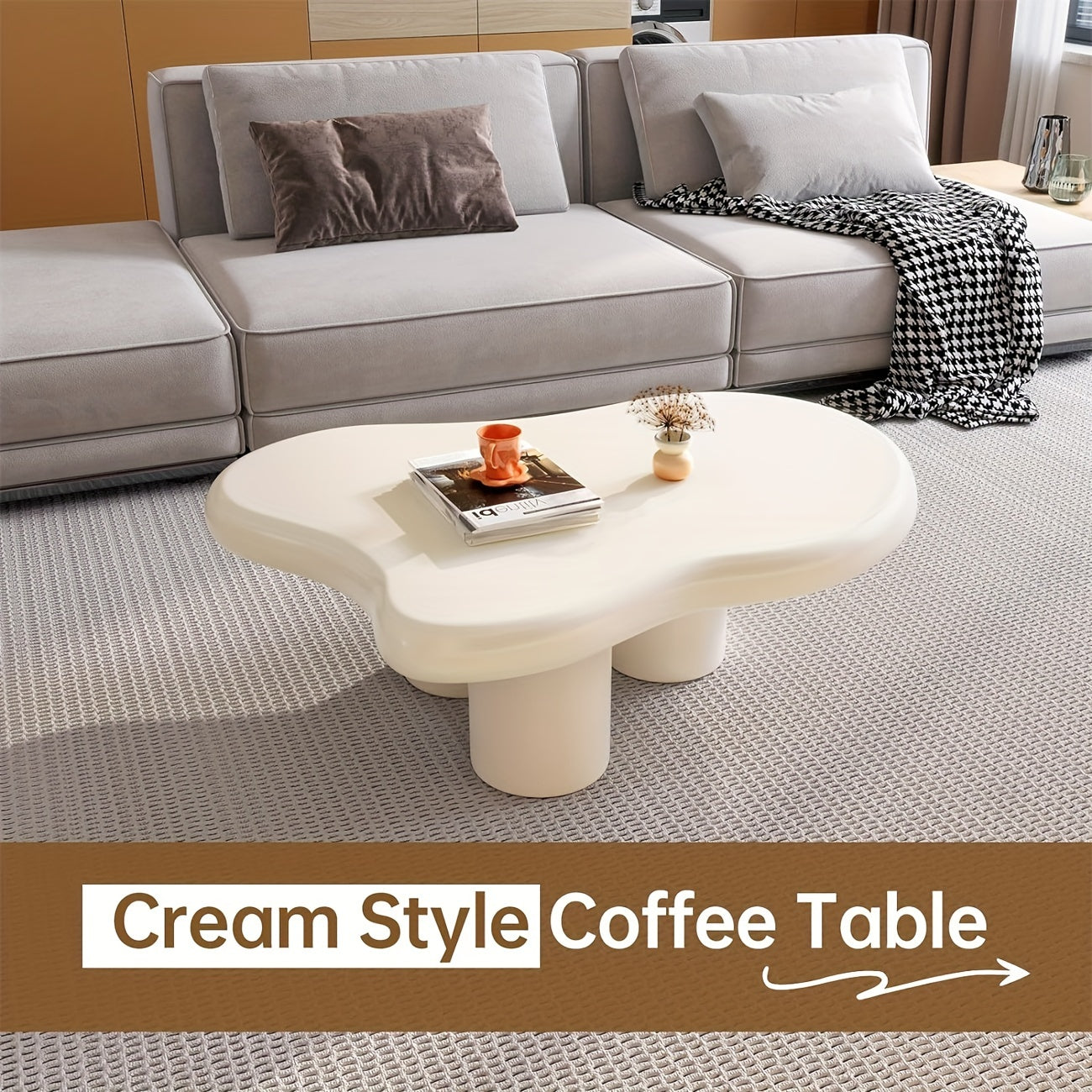 Cream White Coffee Table, Cloud-Shape Cute Coffee Table With 3 Short Legs, Modern Live Round Edge Coffee Table, Funky Minimalist Living Room Low Coffee Table For Sitting On The Floor