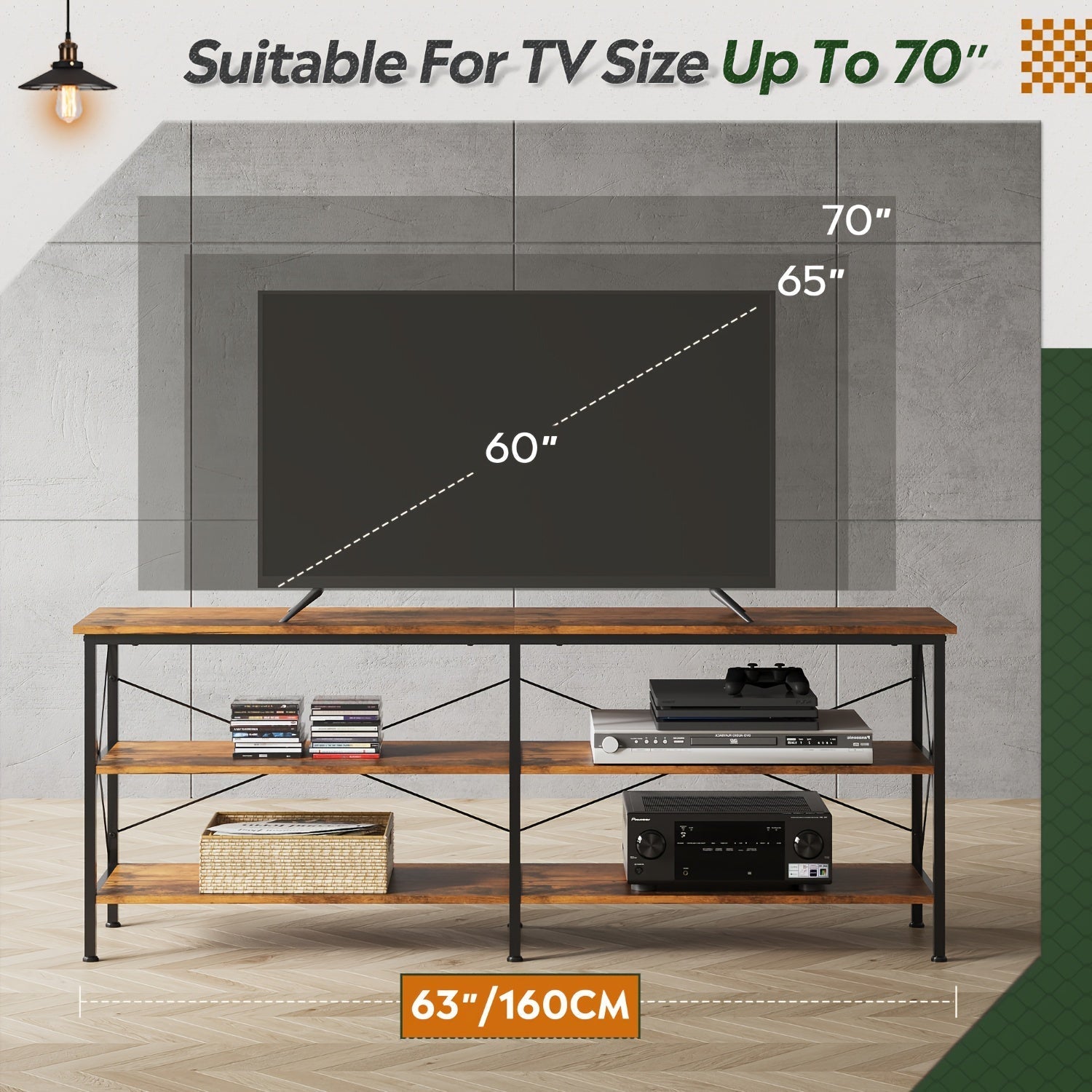 TV Stand for 65 70 inch TV, Entertainment Center with Storage, Industrial TV Console for Living Room, Long 63" TV Cabinet with Metal Frame