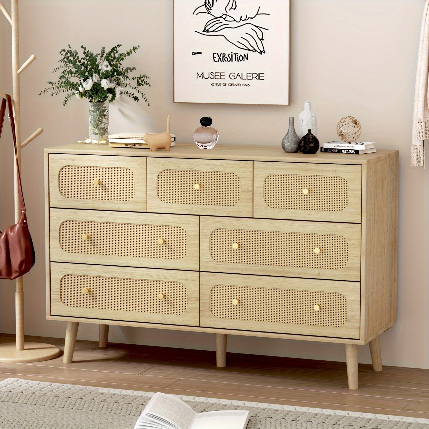 Natural Rattan Dresser For Bedroom, Modern Wood 7 Drawer Dresser With Gold Handles